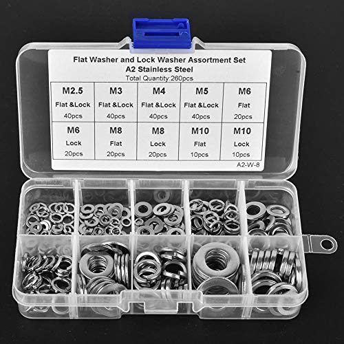 Stainless Steel Spring Washer & Flat Washer Assortment Kit - 7 Sizes (M2-M12) Industrial Fasteners for Construction, Machinery & Automotive Repair