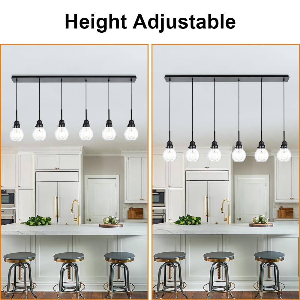 VINLUZ 6-Light Adjustable Black Rustic Farmhouse Pendant Lighting with Clear Glass Shade - Kitchen Island Chandelier for Dining Room, Cafe & Bar Ceiling Decor