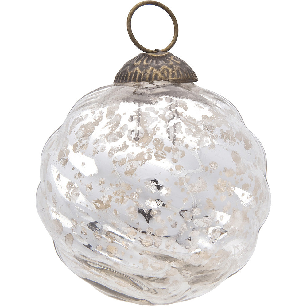 3 Pack Silver Solene Mercury Glass Swirled Ball Ornaments - Elegant Christmas Tree Decorations for Holiday Home & Party Decor
