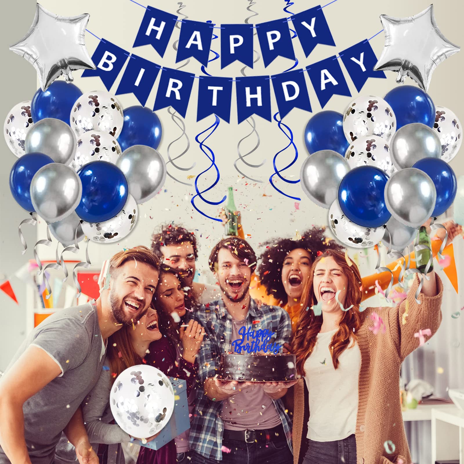 Navy Blue & Silver Birthday Party Decorations Set for Men & Women - Happy Birthday Banner, Tablecloth, Balloons, Fringe Curtains, Hanging Swirls & Cake Toppers | Perfect for Adult Birthday Parties, Office Celebrations & Surprise Decorations