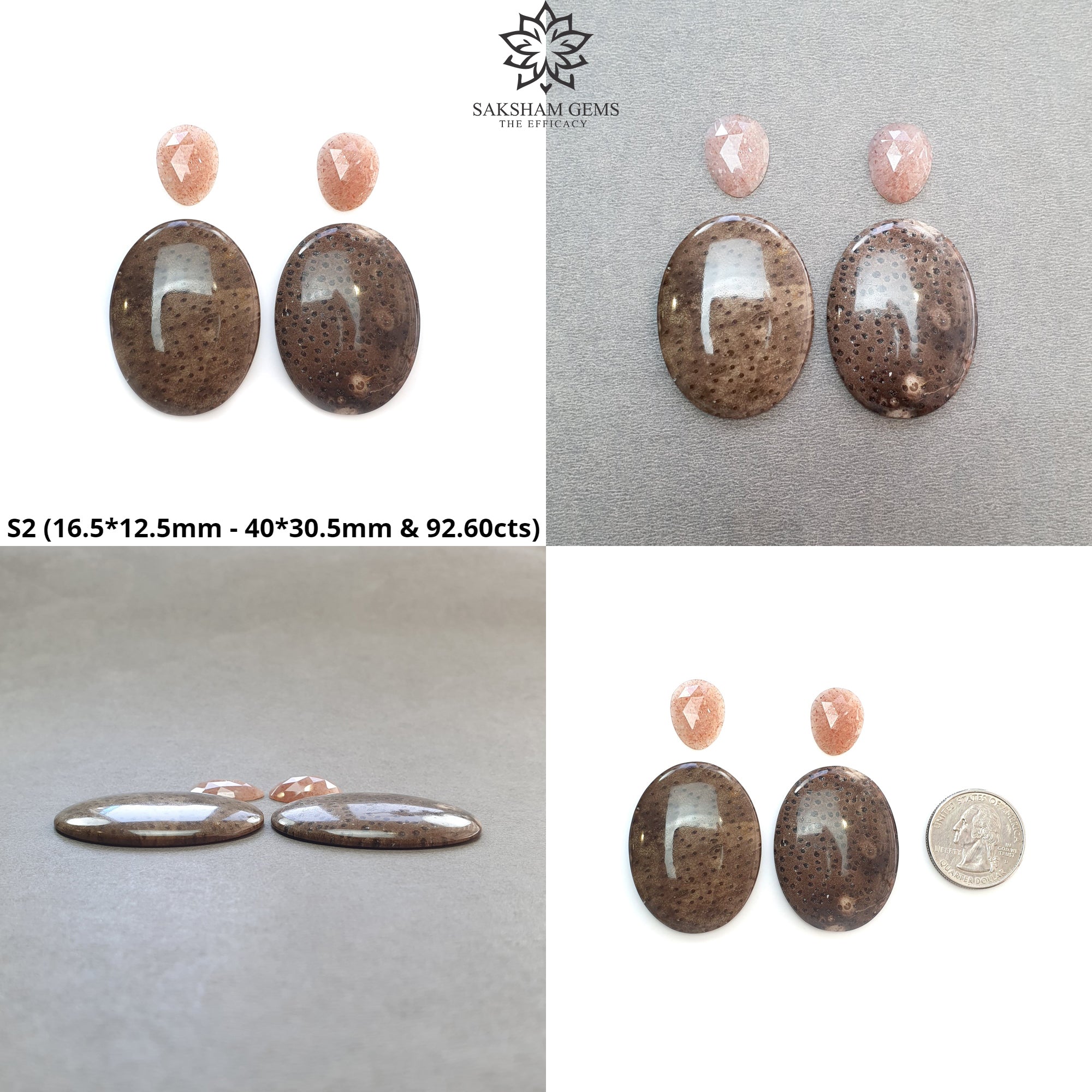 Natural Untreated Botswana Agate Sunstone & Peach Moonstone Gemstone Rose Cut Cabochon - Bi-Color Agate Egg Oval Shape 4pc Set for Jewelry Making, Wire Wrapping & Crystal Healing