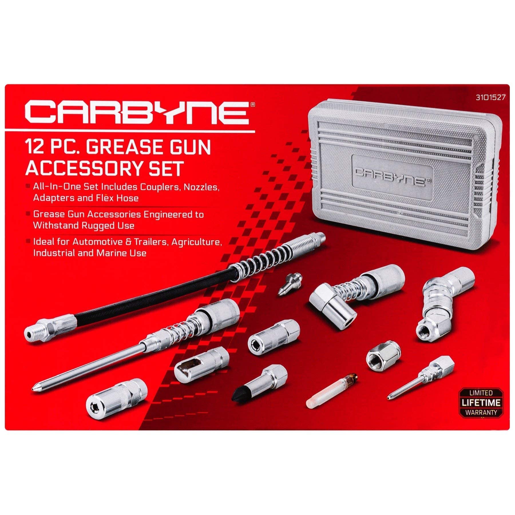 Carbyne Lever Handle Grease Gun with 12-Piece Accessory Kit - Heavy Duty Lubrication Tool for Automotive, Industrial & Farm Equipment Maintenance