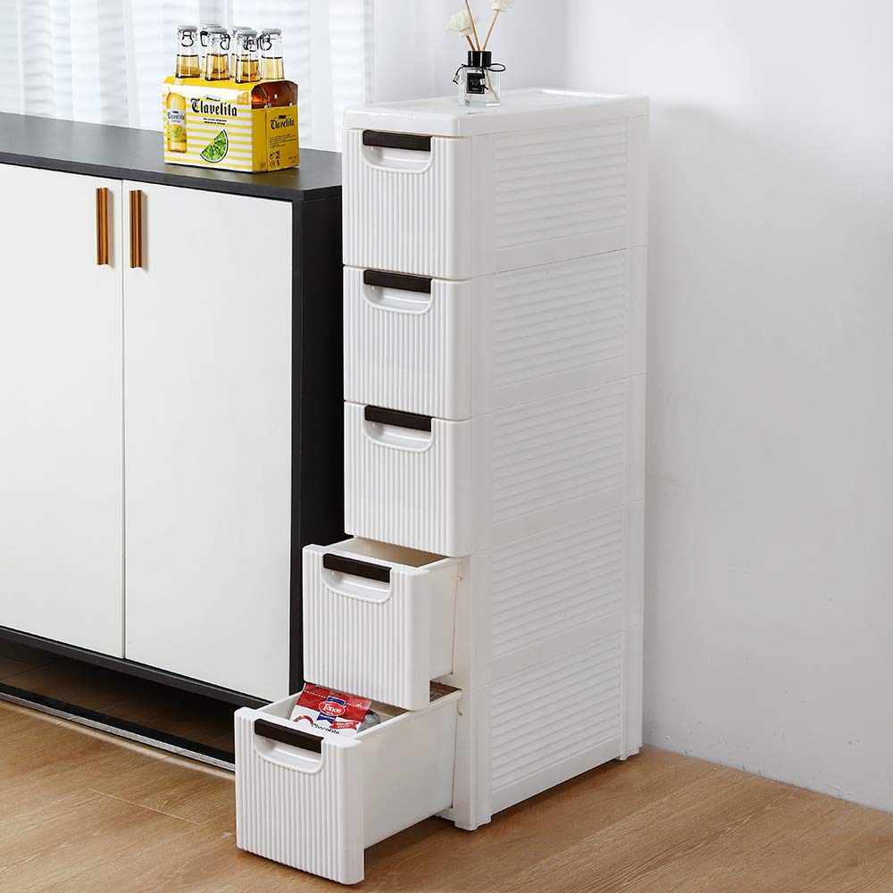 Narrow Slim Storage Cart with Wheels - 5-Tier Kitchen Cabinet Organizer, Small Plastic Shelf with Drawers for Bathroom & Fridge Side (7.5