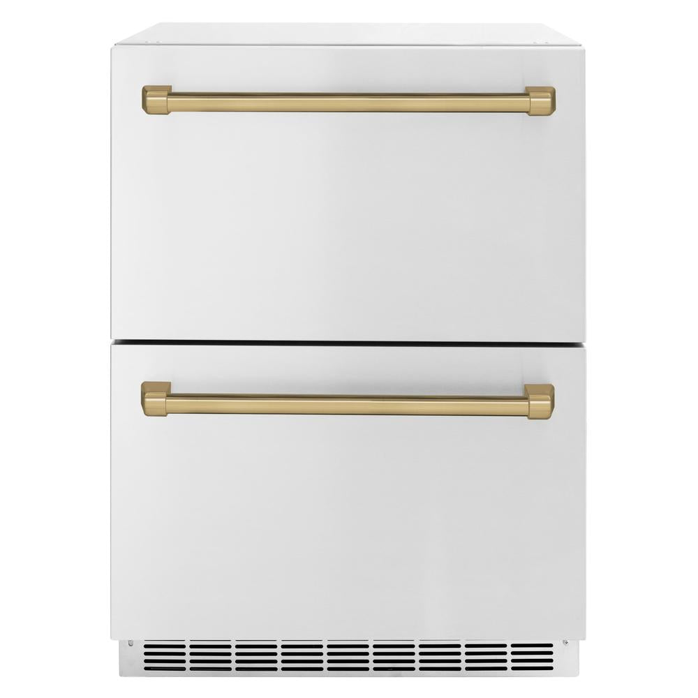 ZLINE Autograph Edition 24 Inch Outdoor Rated Dual Refrigerator Drawer - Stainless Steel Doors with Champagne Bronze Handles (RDSOZ ST 24 CB) | Perfect for Outdoor Kitchens, Patio Bars & Backyard Entertaining