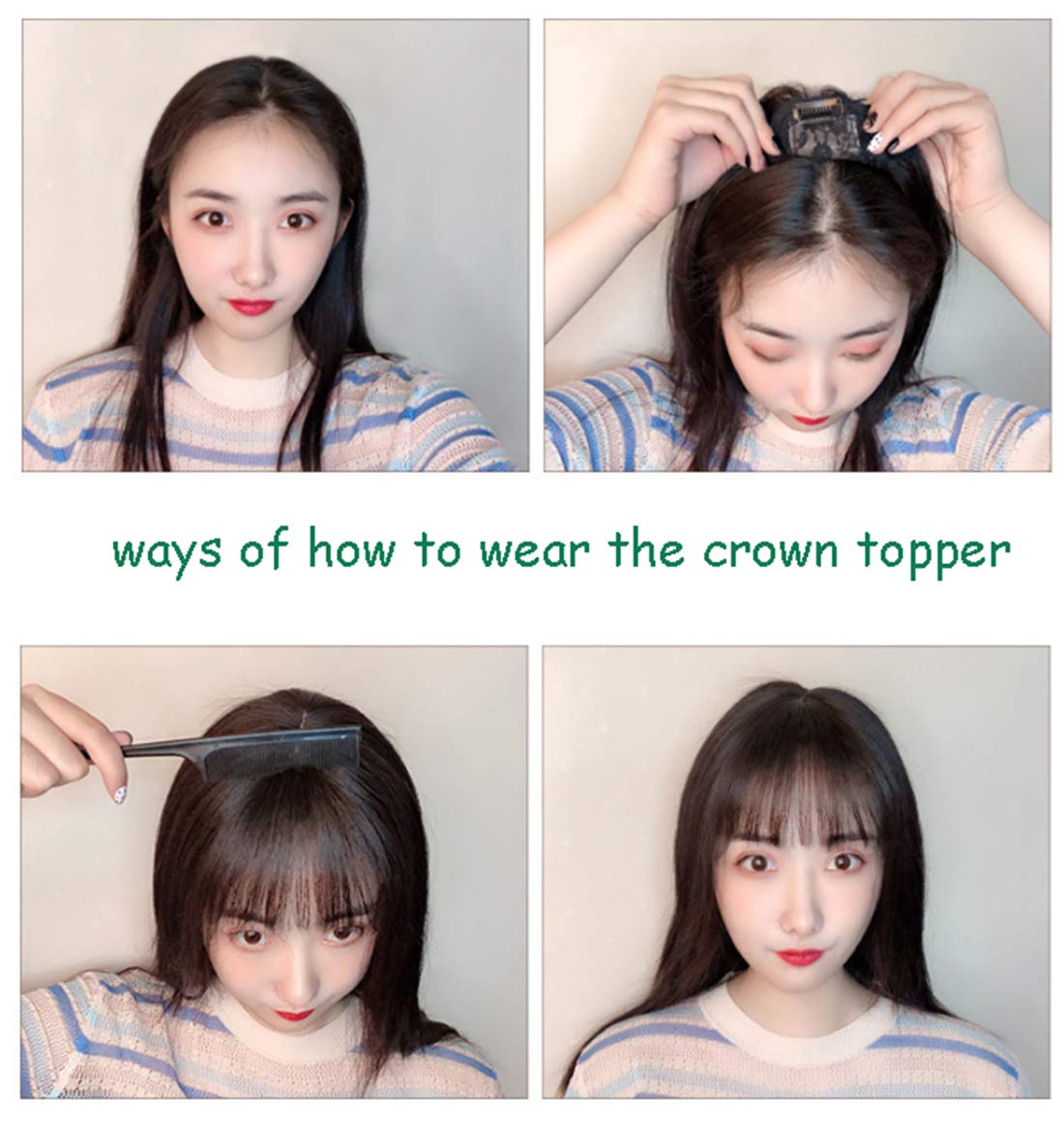 LXUE Real Human Hair Clip-In Topper with Bangs for Women – 12