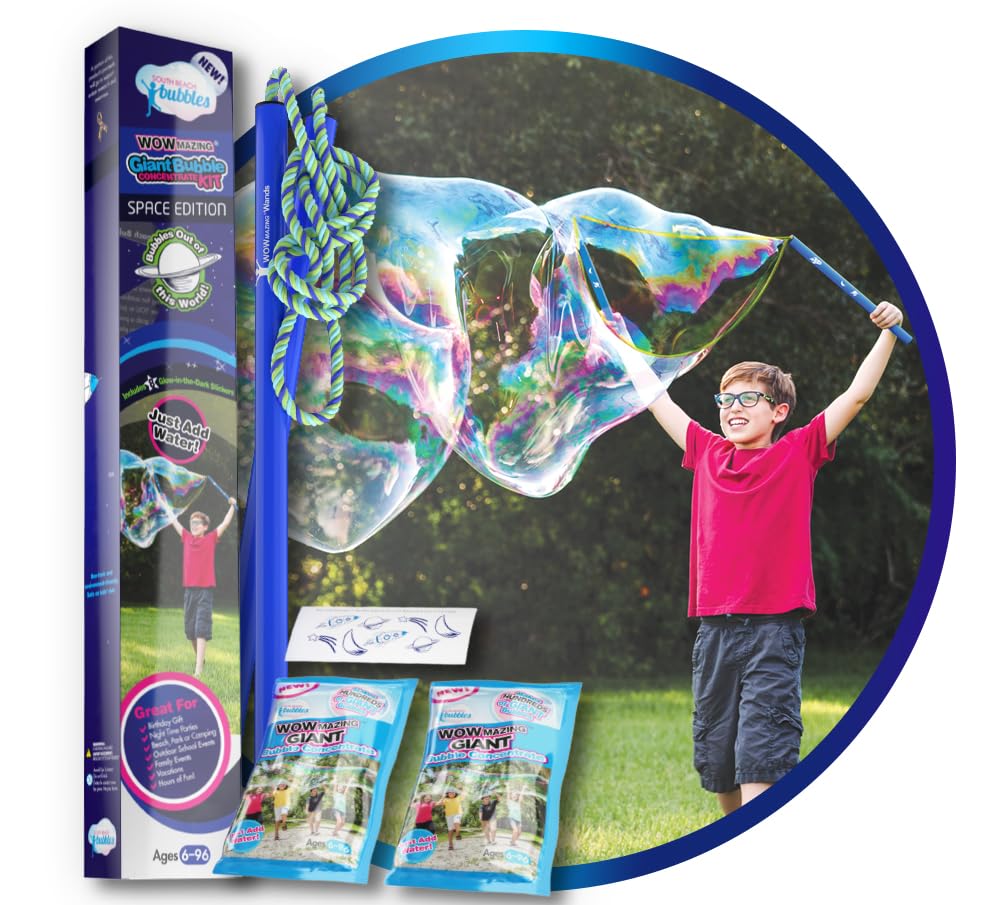 WOWMAZING Giant Bubble Kit for Kids - Space Theme with Wand, 2 Big Bubble Concentrate Pouches & 8 Glow-in-The-Dark Stickers | Outdoor Party, Birthday, Backyard Fun | Made in USA | STEM Learning Toy for Boys & Girls