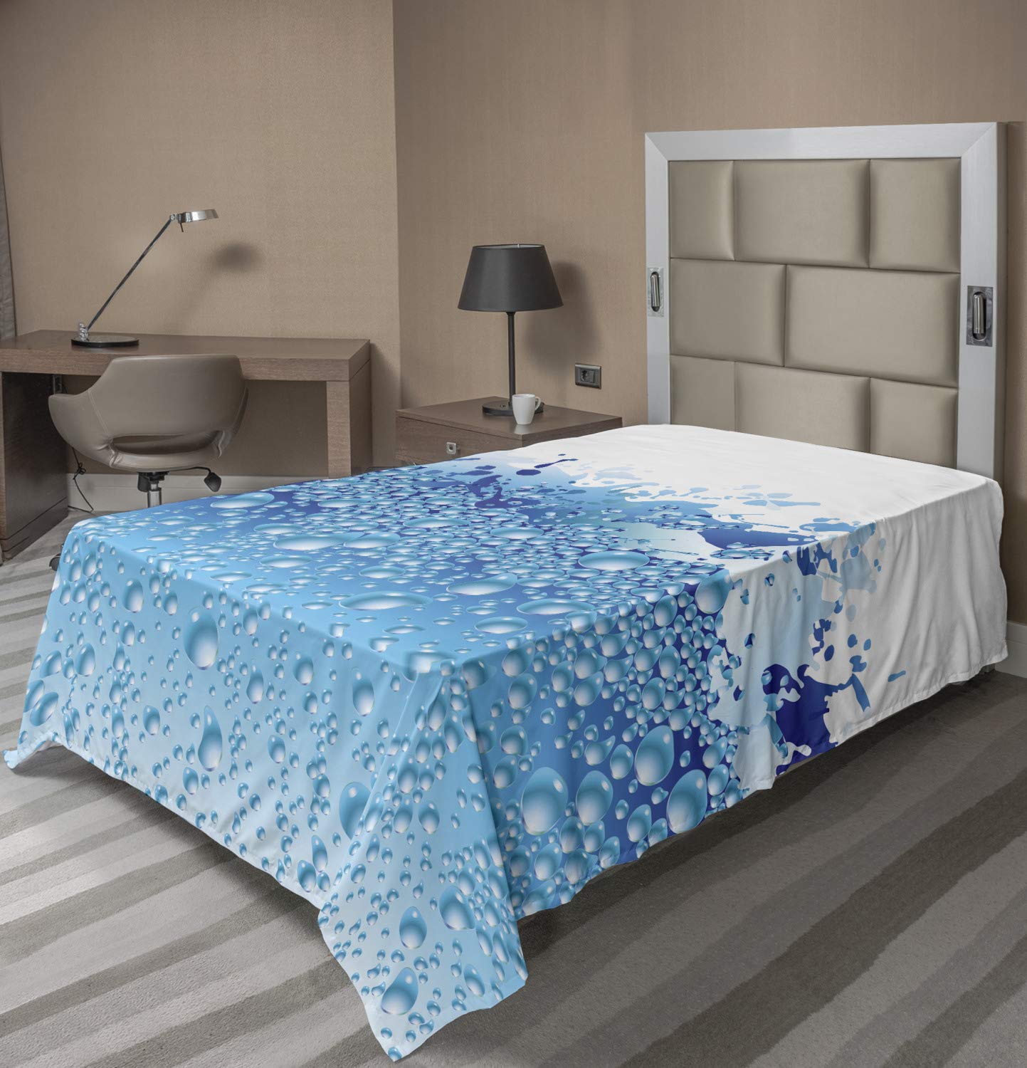 Ambesonne Modern Twin Size Flat Sheet - Aquarium Water Bubbles Splashes Art Print, Soft Comfortable Decorative Bedding for Home, Hotel & Dorm Use - Dark Blue & Sky Blue Design