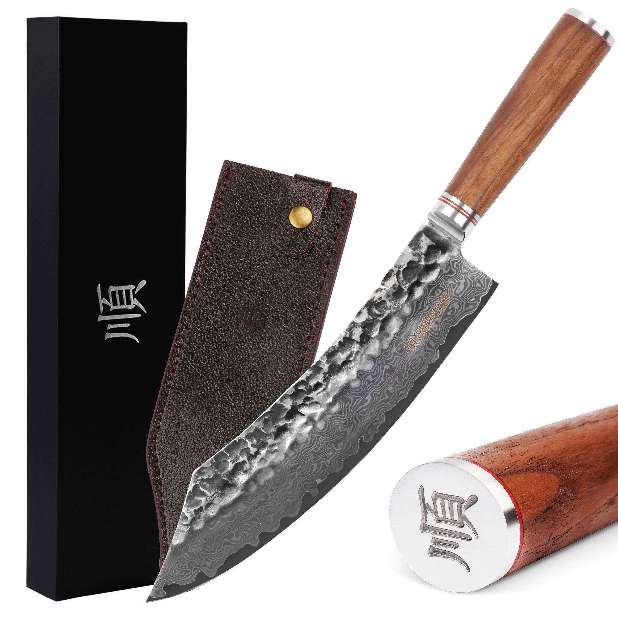 **YOUSUNLONG 10-Inch Butcher Knife - Professional Breaking Knife with Japanese Hammered Damascus Steel Blade, Natural Walnut Wood Handle & Leather Sheath - Ideal for Meat Cutting, Butchering, and Kitchen Prep**