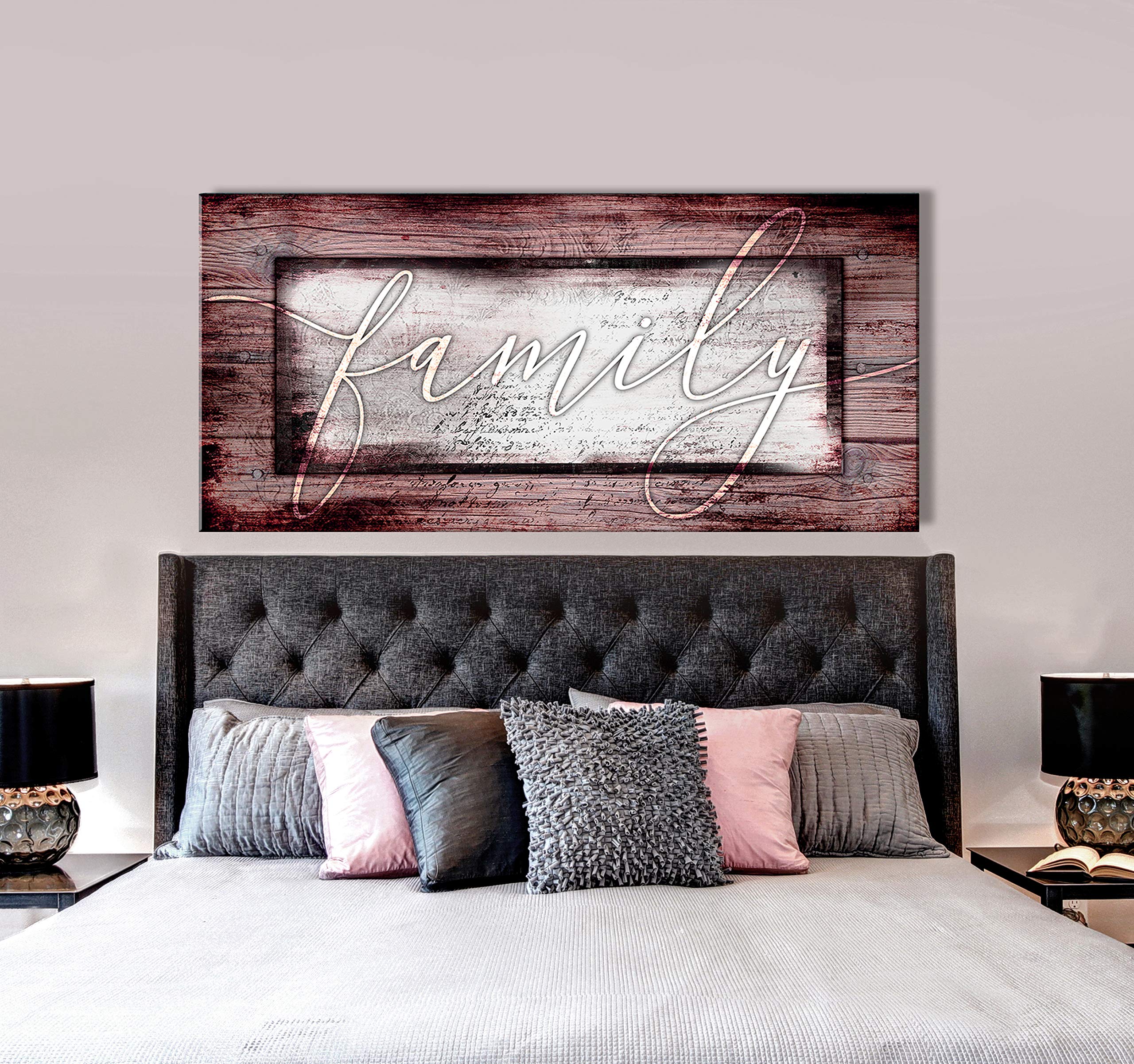 Farmhouse Rustic Wall Art - Large Framed Canvas Painting 60x27 in Wine Red - Family Home Decor for Living Room, Housewarming Gift & Rustic House Decor