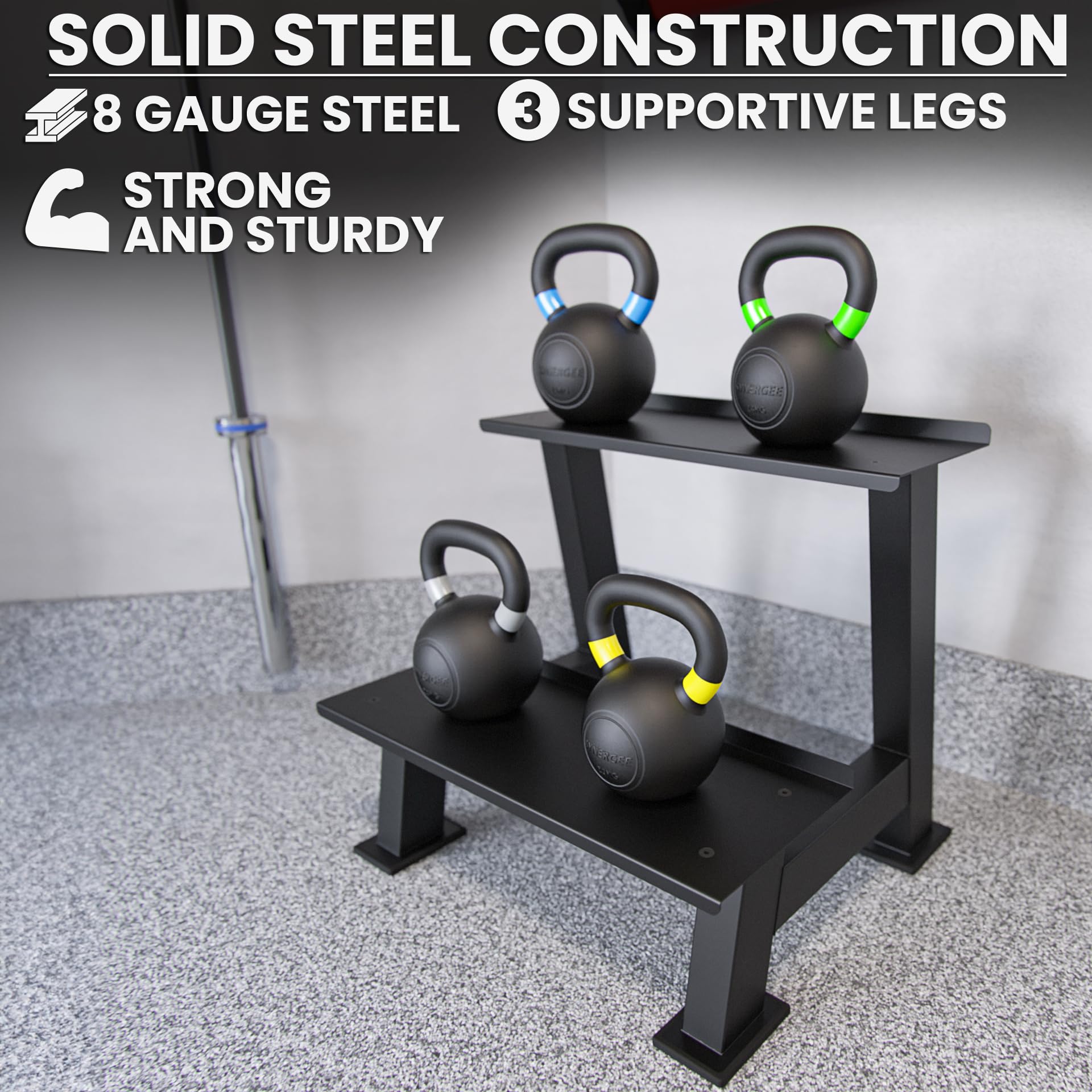 Synergee Kettlebell Storage Rack - 2-Tier Heavy Duty Gym Equipment Organizer for Dumbbells & Kettlebells | Perfect for Home Gym, CrossFit & Commercial Fitness Centers