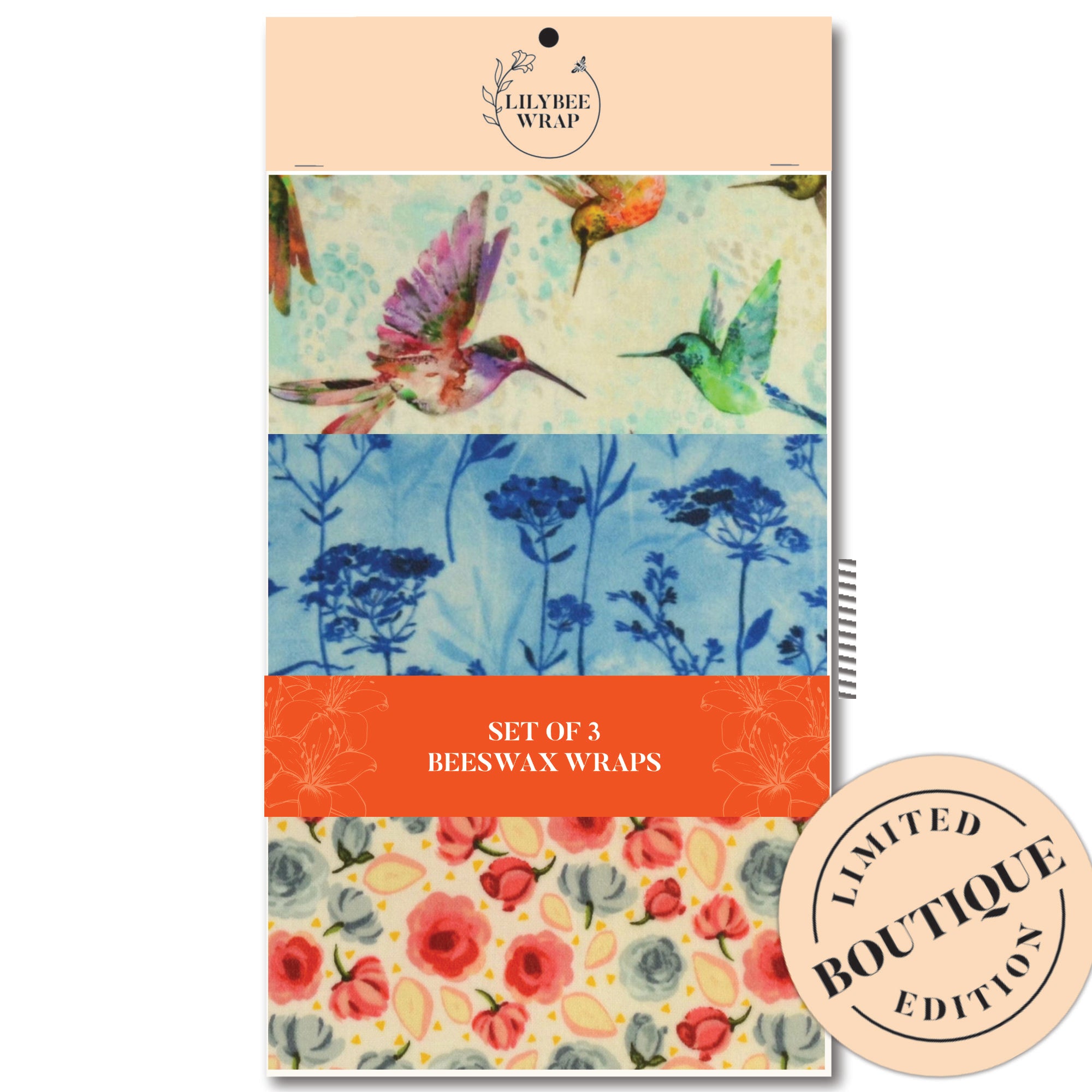 Hummingbird Harmony Beeswax Food Wraps - Set of 3 Reusable Eco-Friendly Beeswax Wraps for Food Storage, Sandwich Wrapping & Fresh Produce Preservation | Perfect for Picnics, Lunchboxes & Zero-Waste Kitchens
