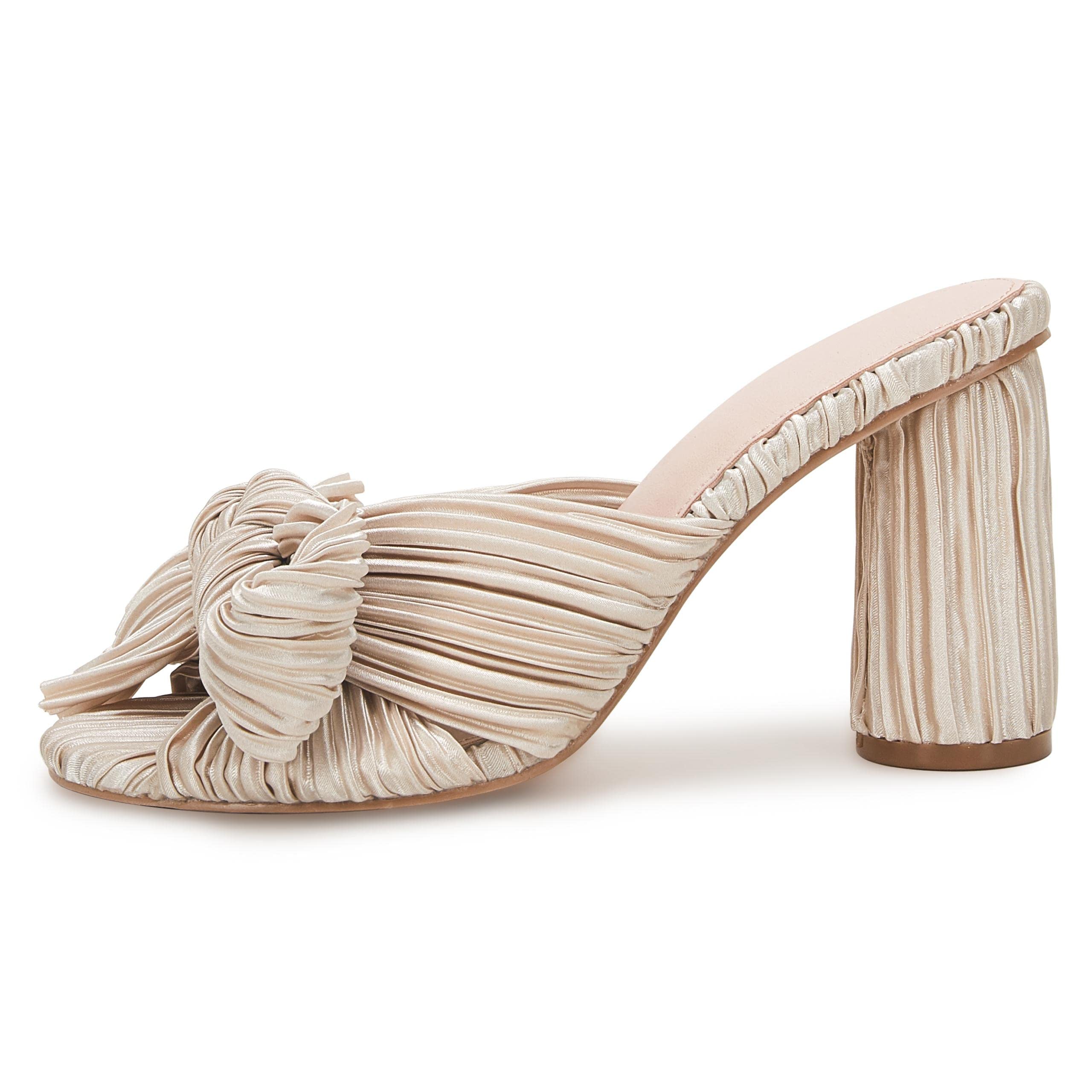VETASTE Women's Pleated Bow Knot Heeled Sandals - Comfortable Slip On Open Toe Block Chunky Heel Slides for Wedding, Bridal, Party & Dressy Occasions
