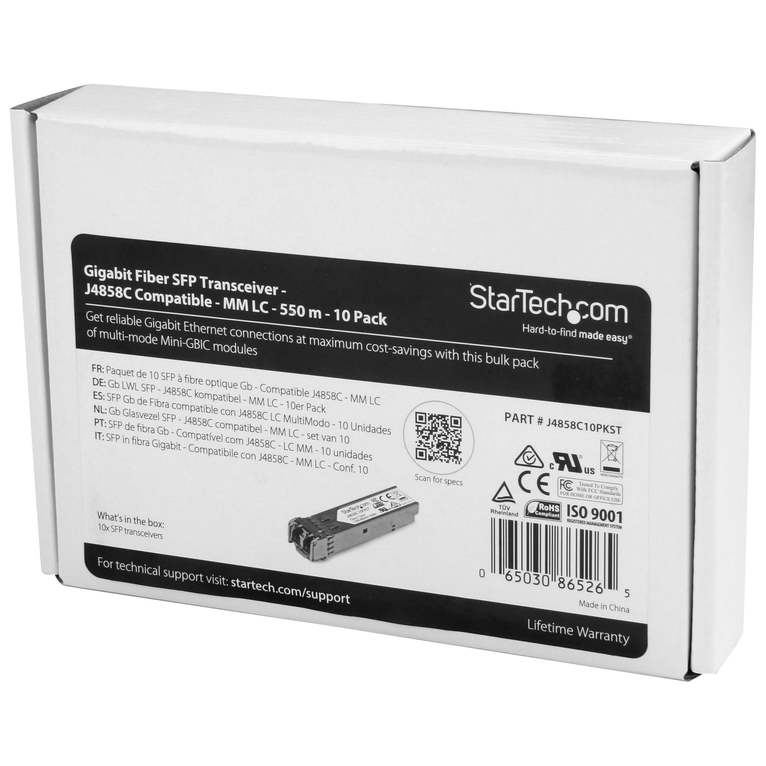StarTech.com 10 Pack HPE J4858C Compatible SFP Module - 1000BASE-SX 1GbE Multi Mode Fiber Optic Transceiver - LC 550m 850nm - DDM for HPE 1400, 1700, 1820 Switches (J4858C10PKST) - Ideal for Data Centers & Enterprise Networks