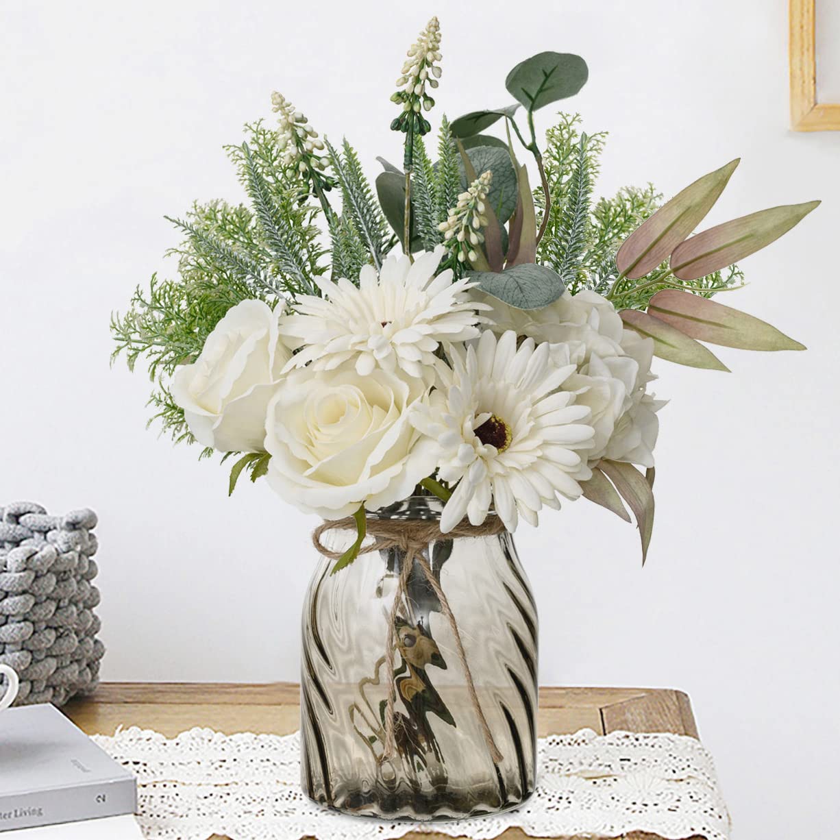 Premium Faux Flowers in Vase - Artificial Silk Floral Arrangement for Home Decor, Kitchen Centerpiece & Coffee Table Decor - Perfect for Living Room, Dining Table, Office Desk & Wedding Decorations
