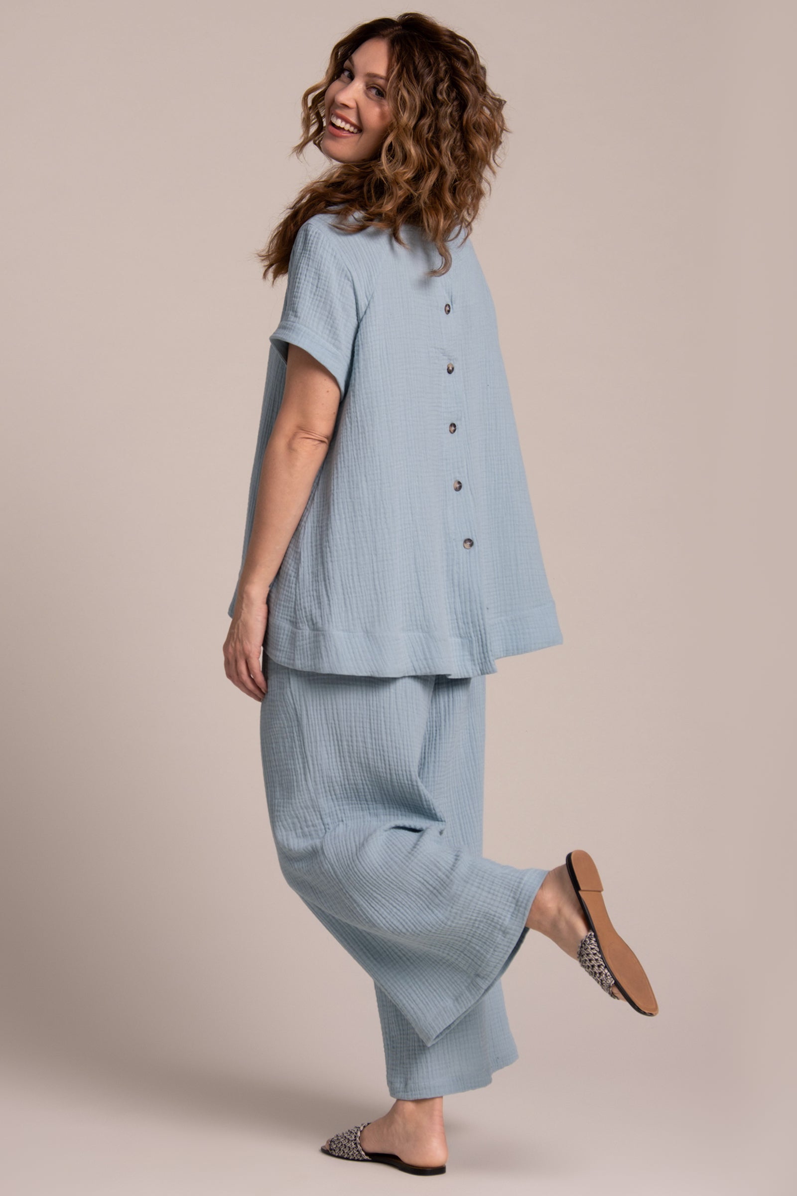 Breeze Button Back Top Women's Casual Shirt - Stone Blue | Comfortable & Stylish for Summer Outfits, Beach Wear, and Everyday Fashion