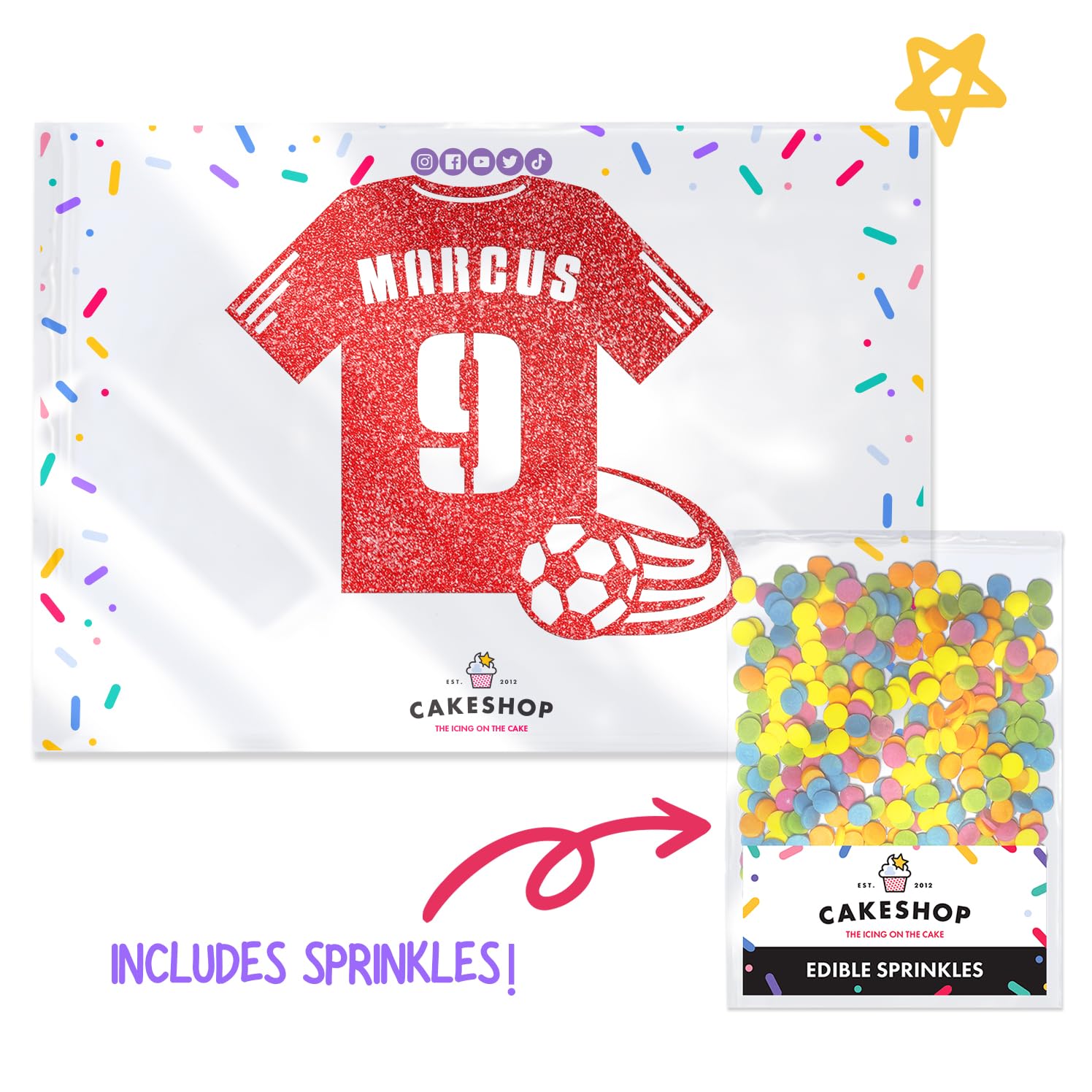 Custom Birthday Glitter Cake Topper - Personalized Name & Age Football Kit Decoration for 1st to 18th Birthday Cakes | Red | Perfect for Kids' Birthday Parties & Soccer Themed Celebrations