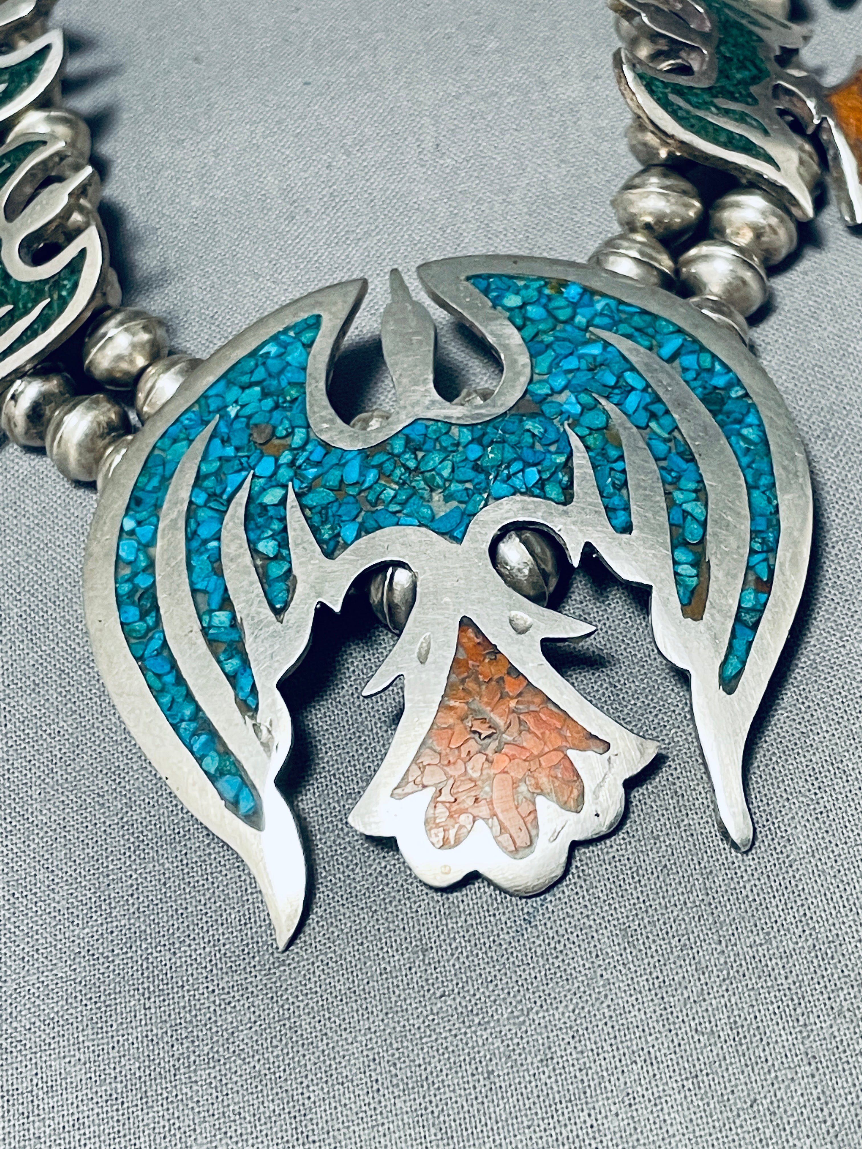 124 Gram Vintage Native American Navajo Turquoise Inlay Sterling Silver Squash Blossom Necklace - Handcrafted Southwest Jewelry for Women, Perfect for Boho Fashion, Weddings & Special Occasions