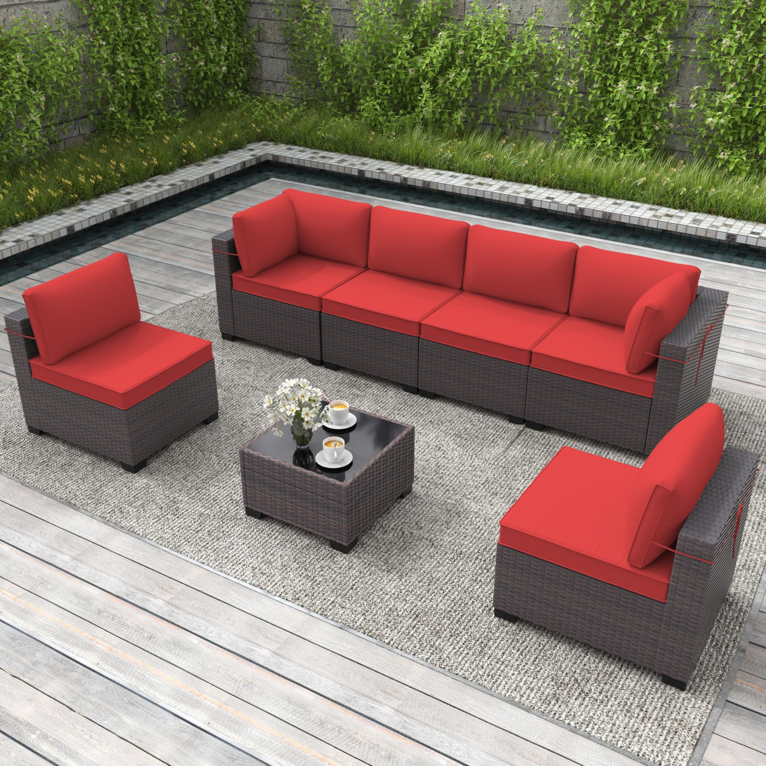 Gotland 7-Piece Outdoor Patio Furniture Set - All-Weather PE Rattan Sectional Sofa with Replaceable Red Waterproof Cushions & Coffee Table - Perfect for Garden, Backyard, Poolside & Balcony Relaxation