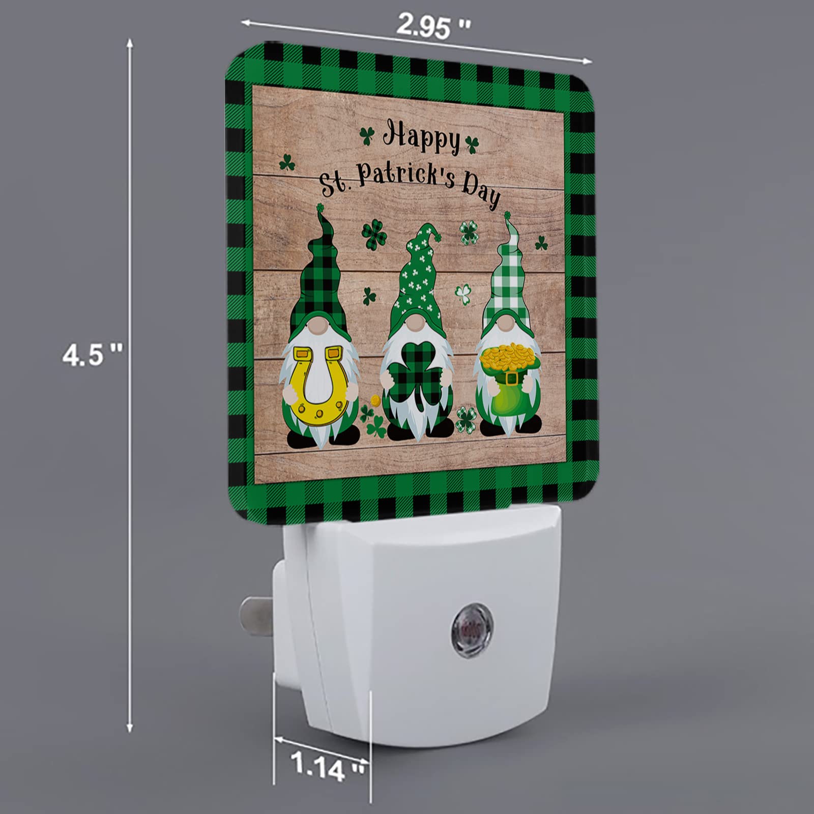 LED Night Light Plug-in with Auto Sensor, St. Patrick's Day Gnome Night Lamp with Lucky Shamrock & Gold Coin - Wood Grain Square Dim Light for Kids, Bedroom, Bathroom, Hallway - Perfect for Nighttime Safety & Holiday Decor