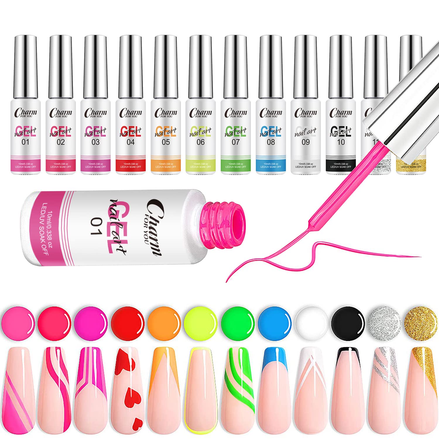 VERONNI Neon Paint Liner Nail Gel Set - 12 Colors Nail Art Polish Kit for DIY Salon, Spider Gel & Wire Pulling Design | Perfect for Nail Artists, Beginners & Gift Giving | Professional Nail Art Supplies for Creative Designs