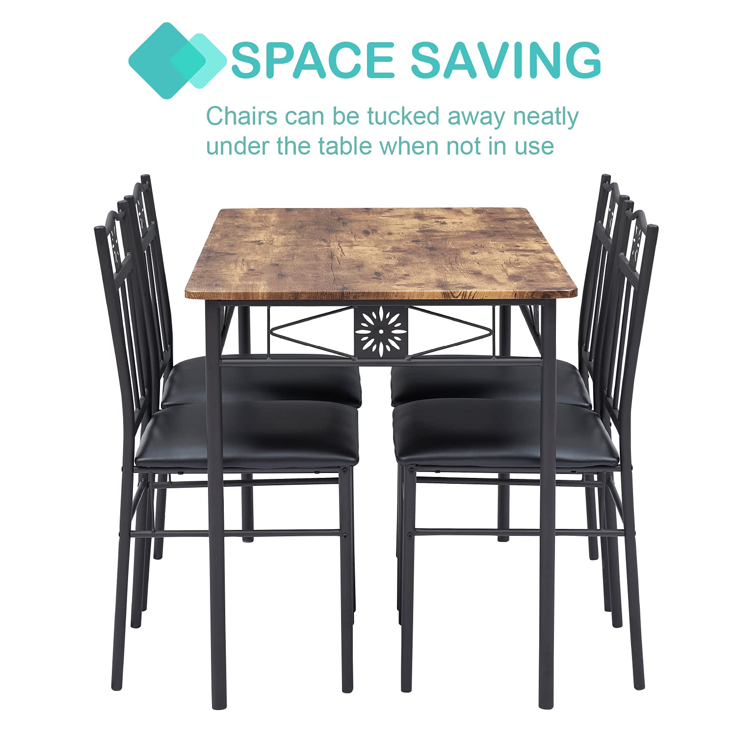 VECELO 5-Piece Retro Brown Kitchen Dining Table Set with 4 Chairs - Metal & Wood Rectangular Breakfast Nook for Small Spaces - Perfect for Apartments, Condos, and Cozy Family Meals