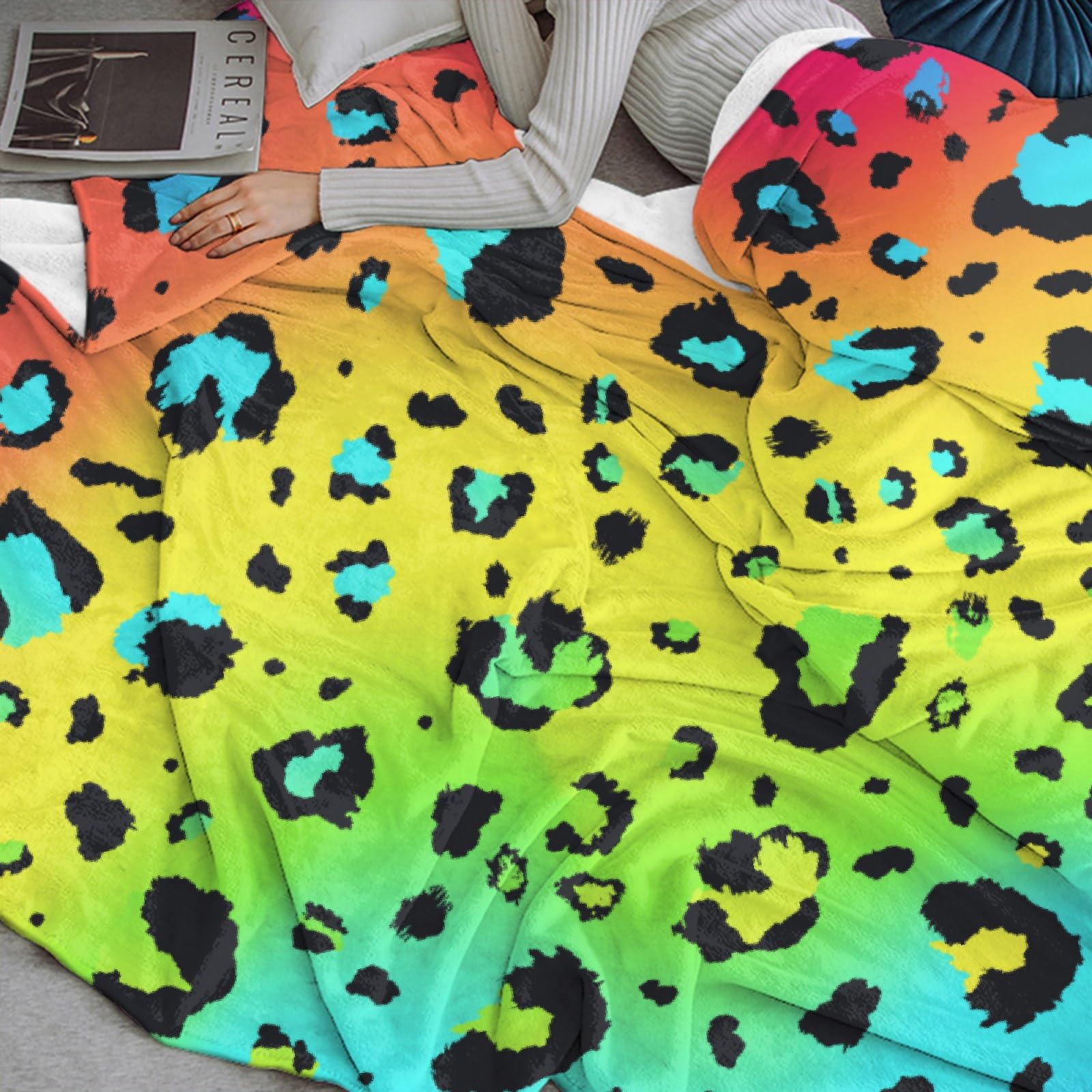 Ultra Soft Flannel Fleece Throw Blanket - Neon Rainbow Leopard Print - All Season Warm & Cozy Quilt - 120