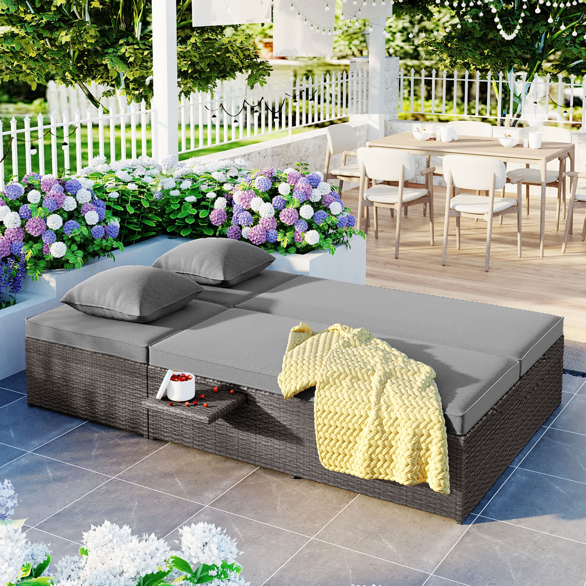 Outdoor PE Rattan Double Reclining Daybed with Adjustable Backrest & Cup Holder - All-Weather Patio Sun Lounger with Thick Cushions & Pillows for 2 People (Gray) - Perfect for Poolside Relaxation, Garden Lounging & Backyard Conversations