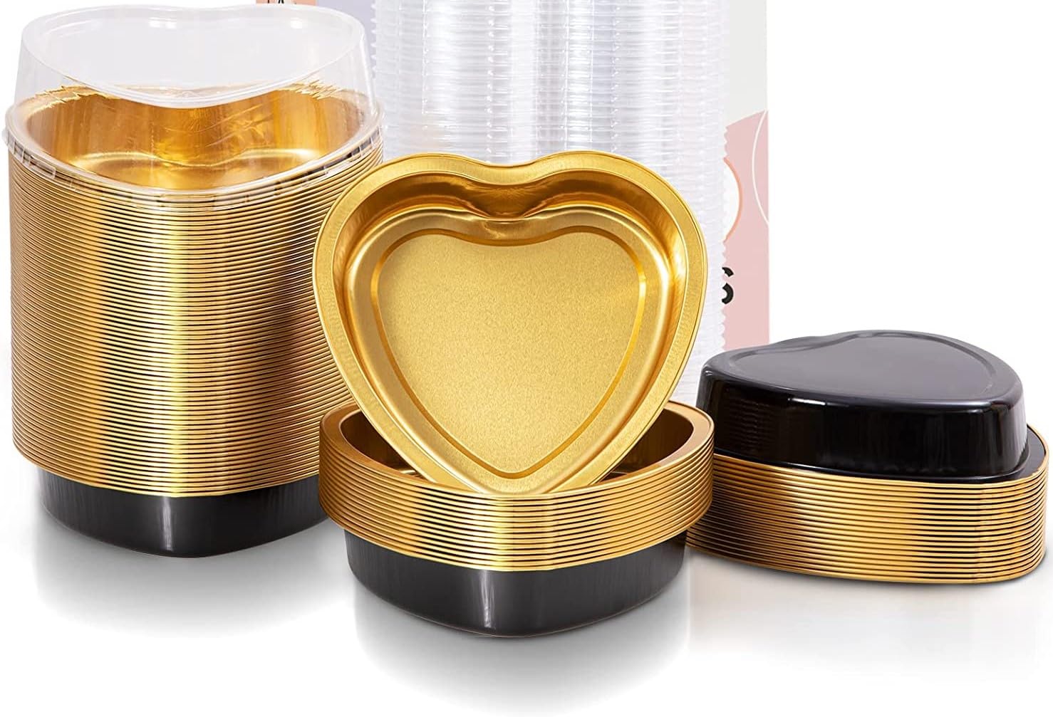 KitchenDance 8oz Heart Shaped Aluminum Cake Pans with Lids - Disposable Colored Baking Pans for Individual Cakes, Tarts, Cupcakes & Desserts - Perfect for Valentine's Day, Birthday Parties & Holiday Baking Gifts