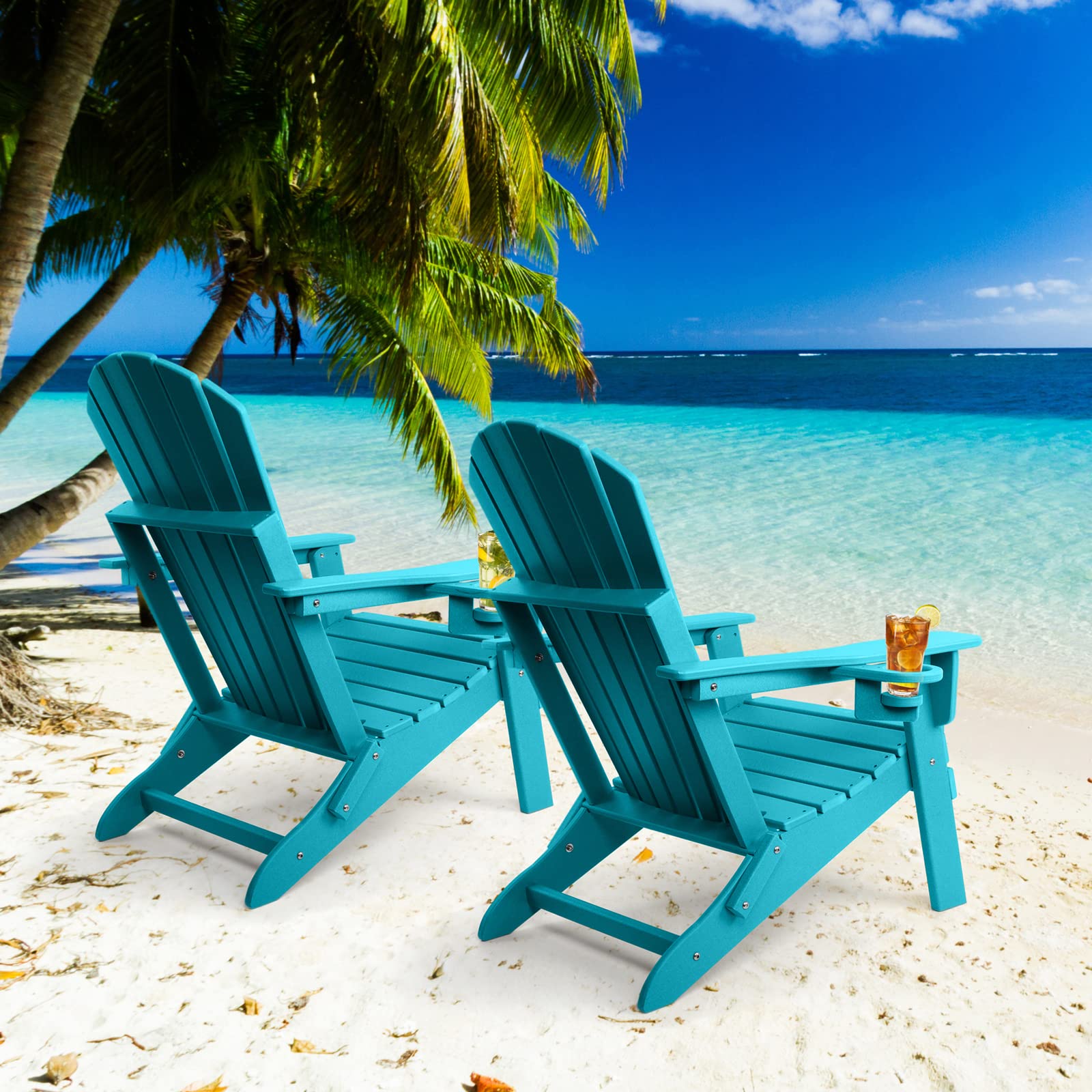 FUNBERRY 2-Pack Folding Adirondack Chairs - Heavy Duty HDPE All-Weather Outdoor Fire Pit Chairs with Cup Holders - Perfect for Patio, Backyard, Camping & Beach Relaxation