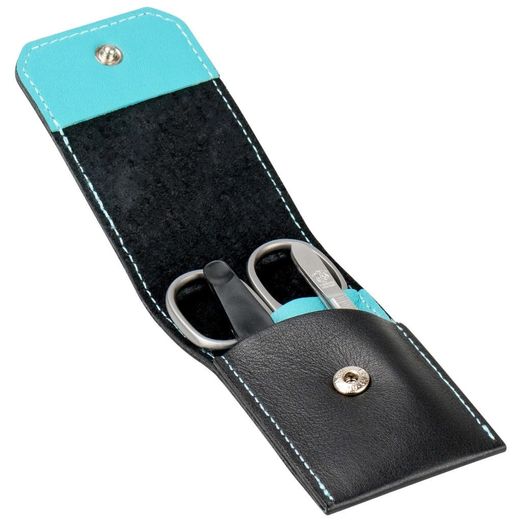 Premium Dovo Black Leather 3-Piece Manicure Set - Nail Clipper, Nail File & Cuticle Scissors - Perfect for Home Grooming, Travel & Professional Salon Use