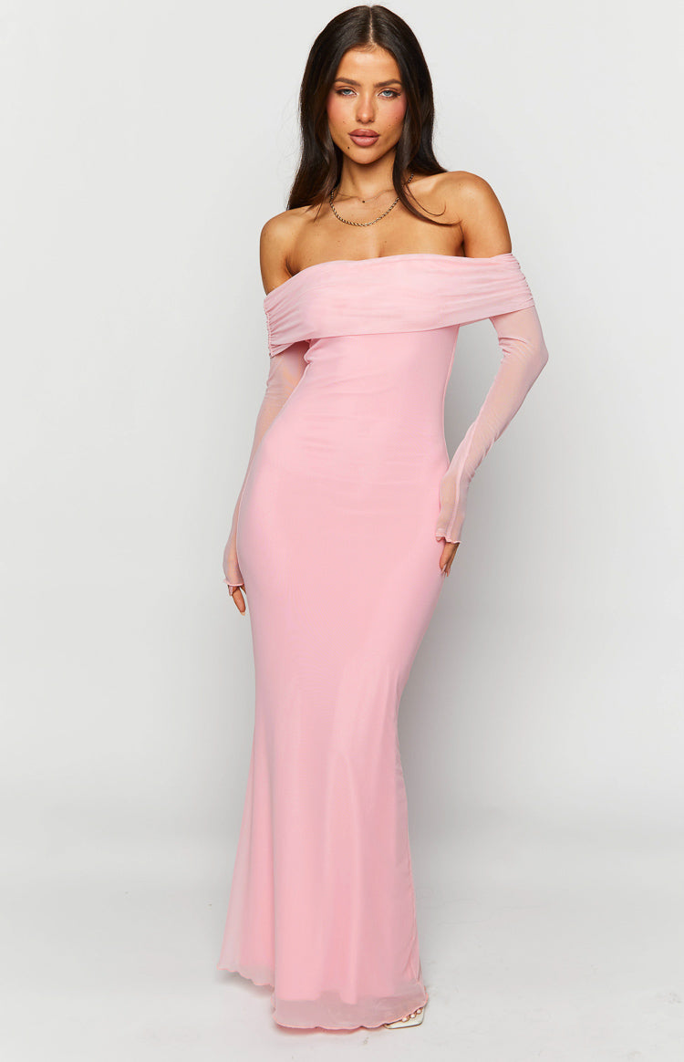 Coraline Pink Long Sleeve Maxi Dress for Women - Elegant Flowy Boho Style Formal Evening Gown - Perfect for Weddings, Parties & Special Occasions