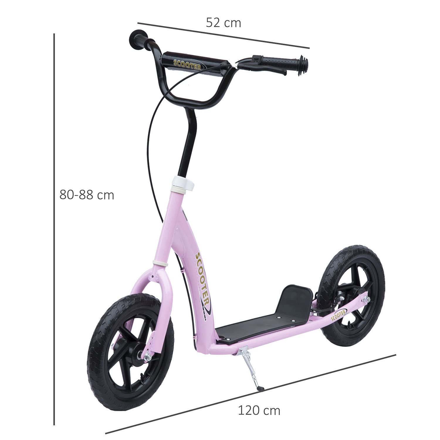 HOMCOM Kids Scooter for Ages 5-12 Years - 12 Inch Big Wheels, Adjustable Handlebar & Rear Brake, Max Load 50kg (120x52x80-88cm) - Pink - Perfect for Outdoor Play, Park Rides & Commuting to School