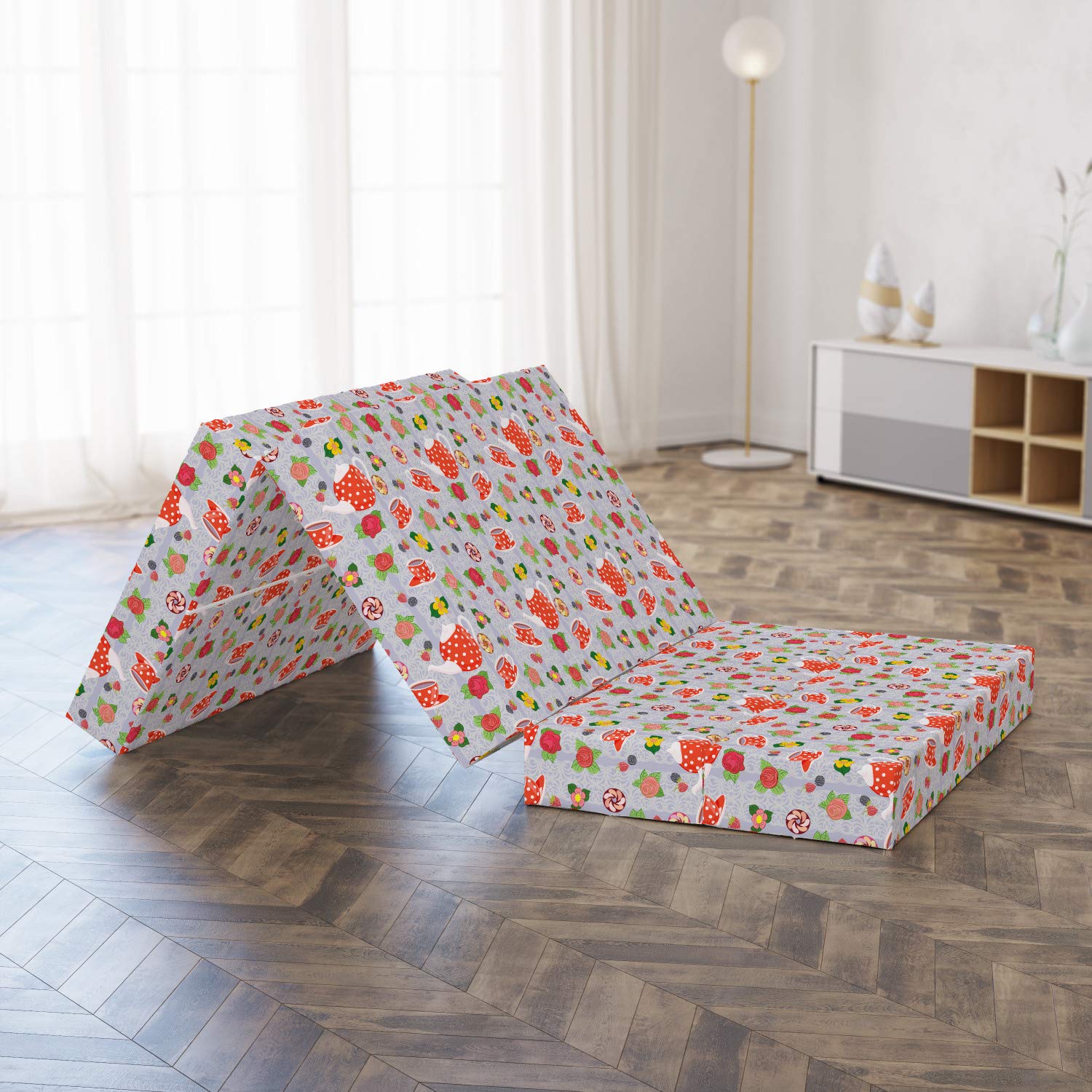 Ambesonne Colorful Foldable Mattress with Cartoon Tea Pots & Roses Design - 74.8