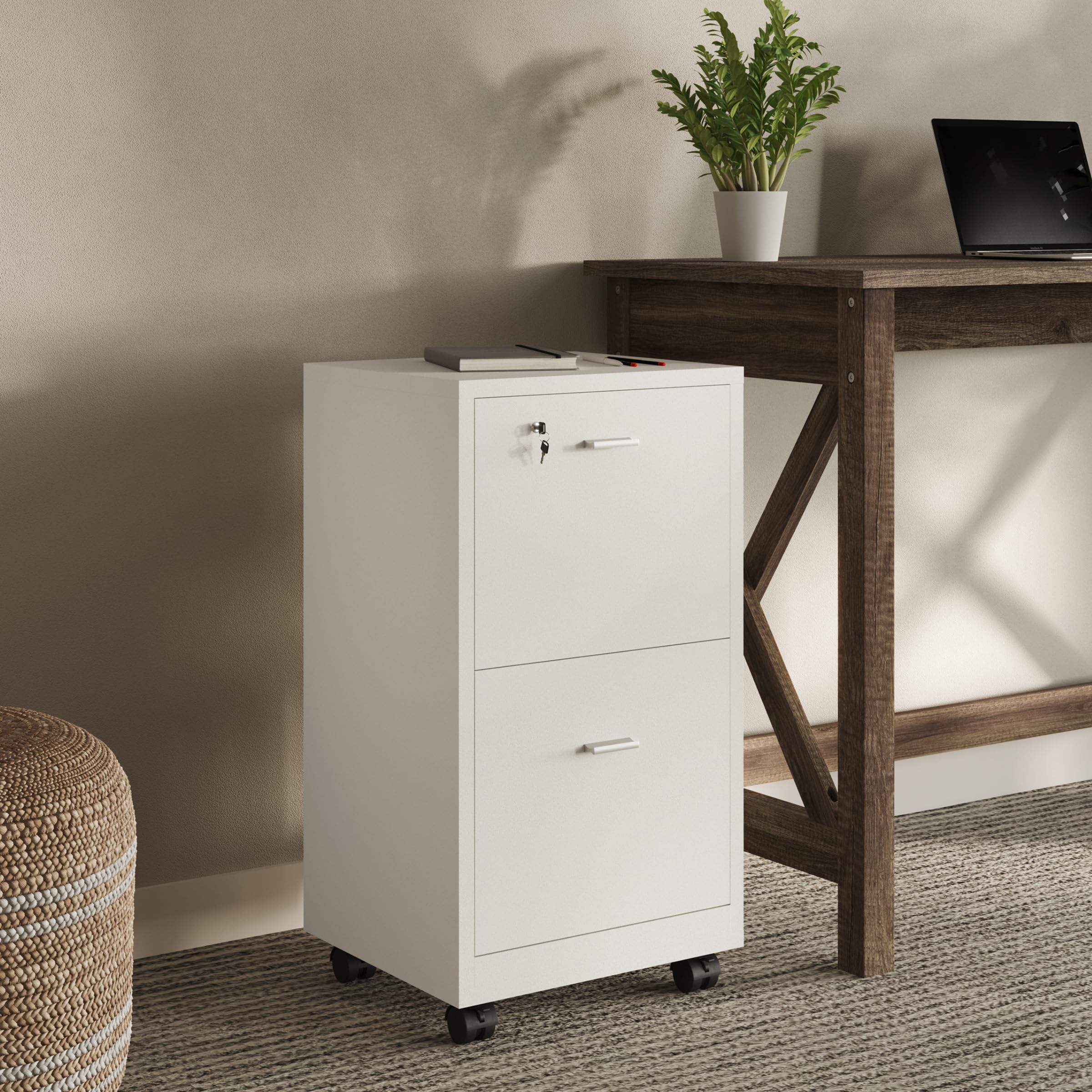Lavish Home 2-Drawer File Cabinet with Lock - Deep Storage Rolling Filing Cabinet for Under Desk, Home & Office Organization (White) - Perfect for Document Storage, Office Supplies & Home Office Filing Needs