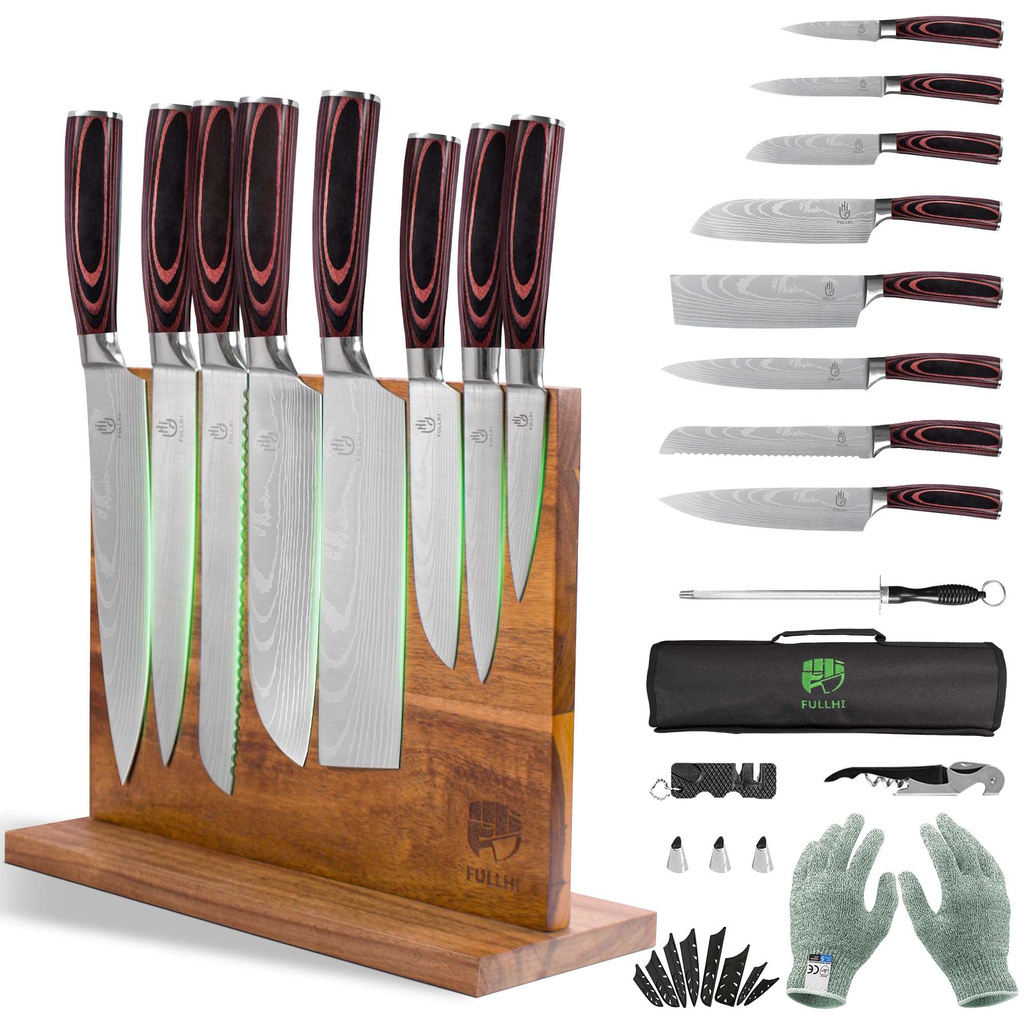 Premium 15-Piece Japanese Knife Set with Magnetic Block Holder - German Stainless Steel Kitchen Knives for Professional Chefs & Home Cooking - Perfect for Slicing, Dicing & Food Prep