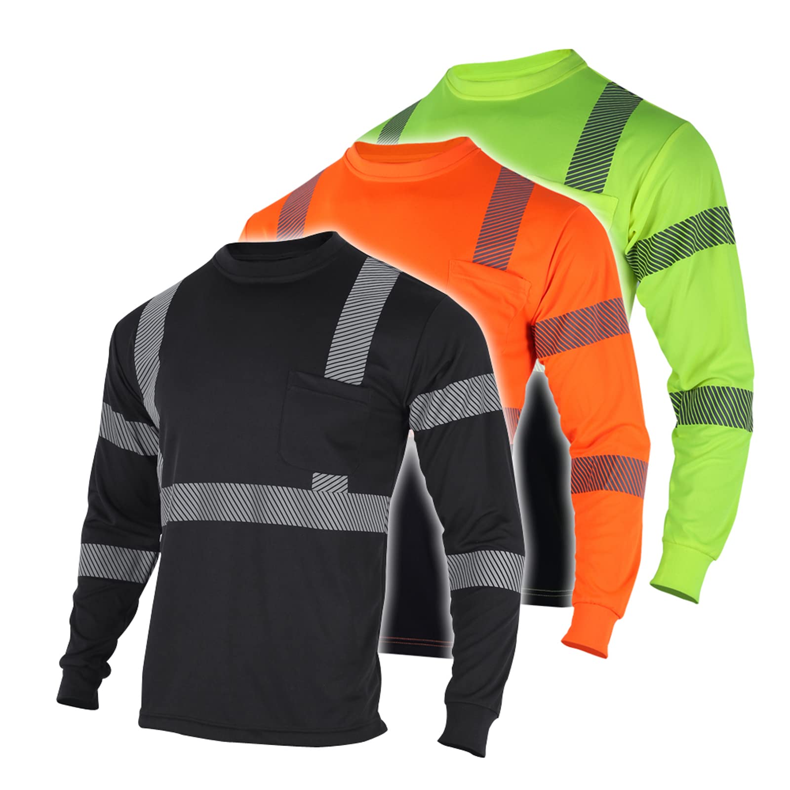 FONIRRA 3-Pack ANSI Class 3 High Visibility Safety Shirts - Reflective Long Sleeve Work T-Shirts for Men - Ideal for Construction, Road Work & Nighttime Safety