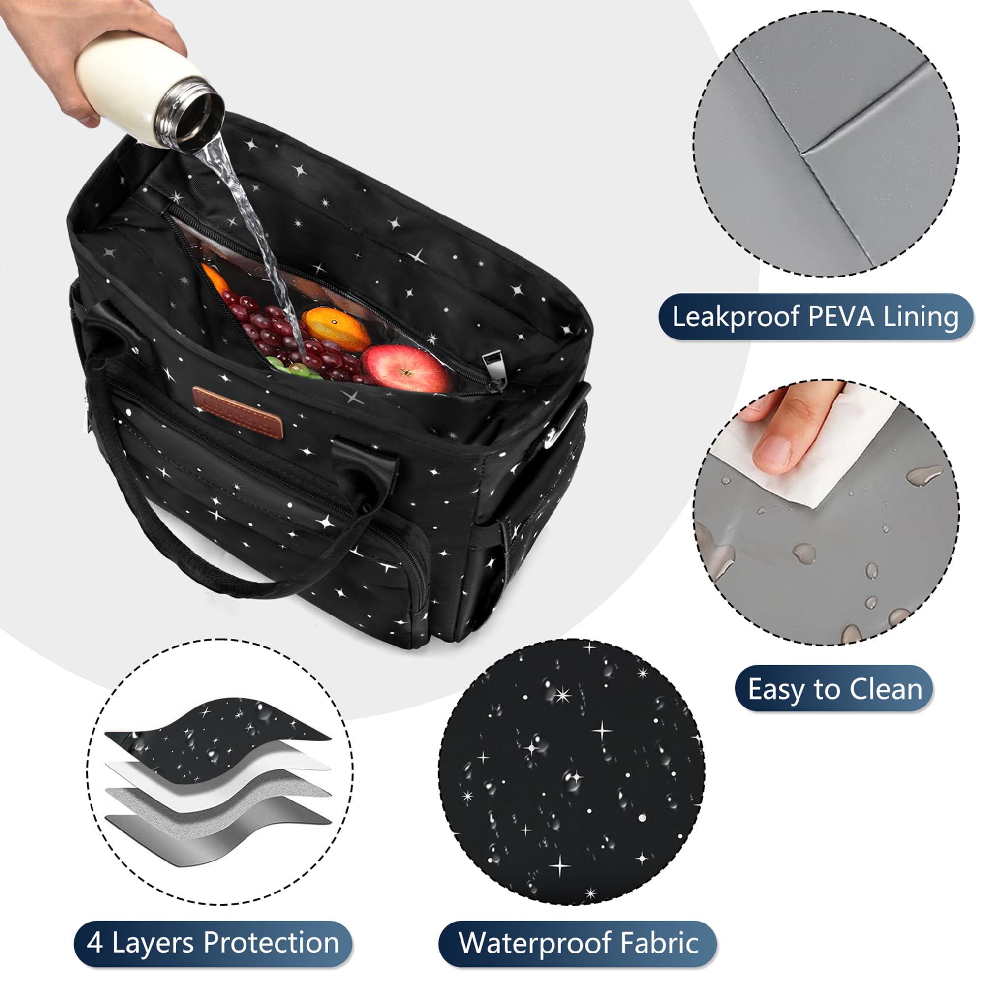 MIYCOO Insulated Lunch Bag for Women - Leakproof & Thermal Lunch Box Cooler Tote - Large Capacity Lunch Bag for Work, School, Picnic - Black Starry Sky Design