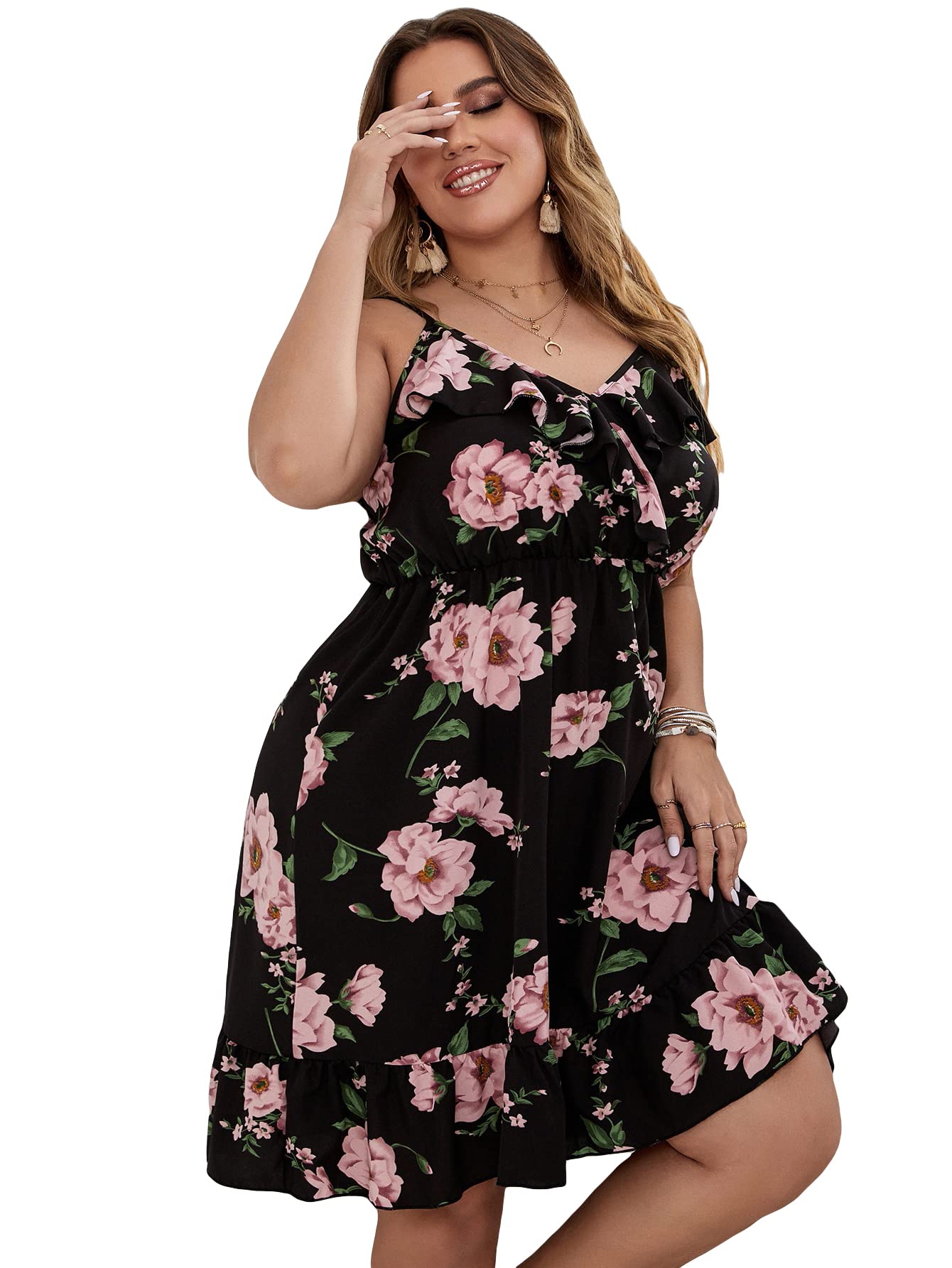 WDIRARA Women's Floral Print Ruffle Hem Cami Dress - V Neck Sleeveless Boho Summer Dress for Beach, Vacation & Casual Outings