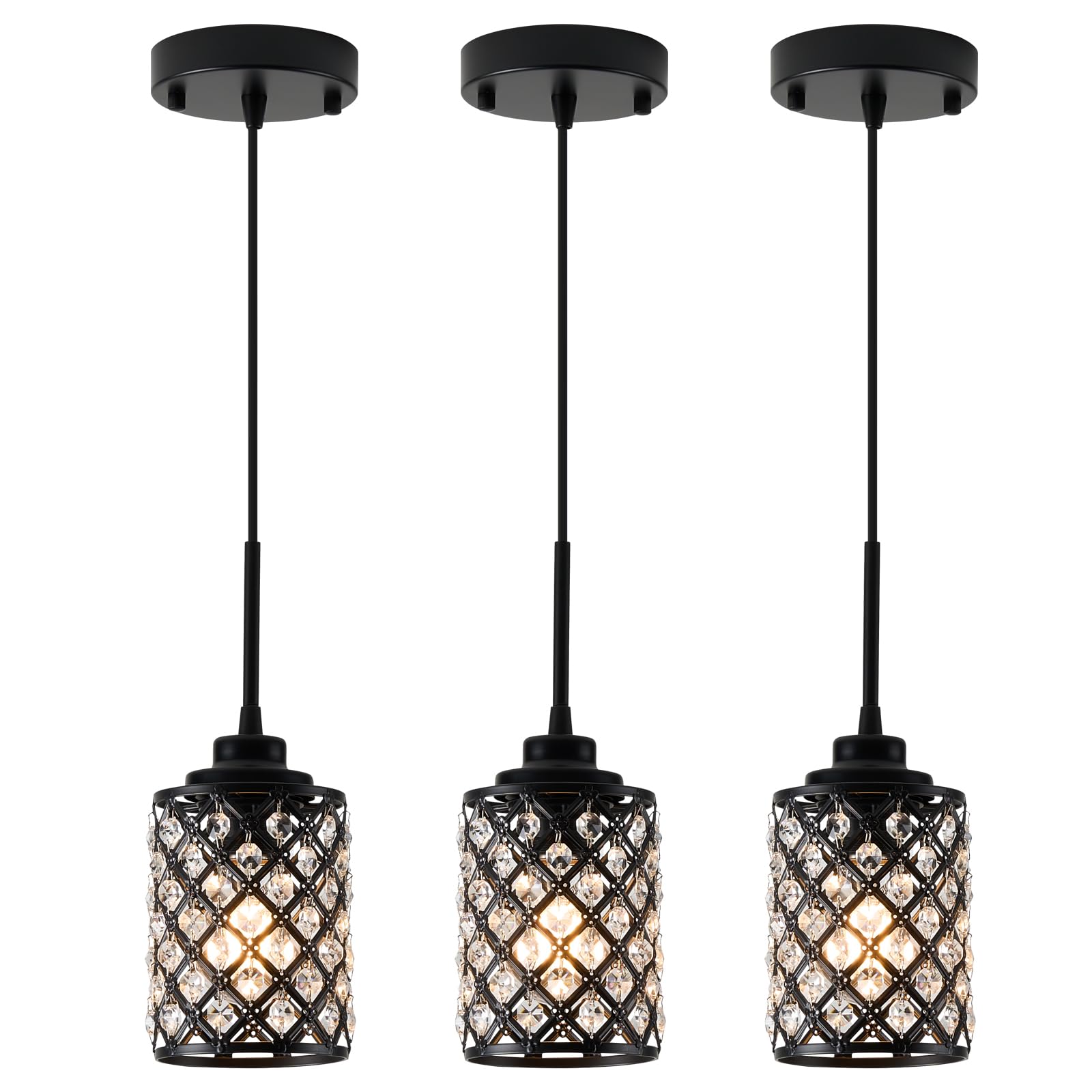 3-Pack Modern Black Matte Pendant Lights - Industrial Hanging Fixtures with K9 Crystal for Kitchen Island, Dining Room, Bedroom & Hallway | Dimmable Mini Chandelier Lighting for Home & Office Decor