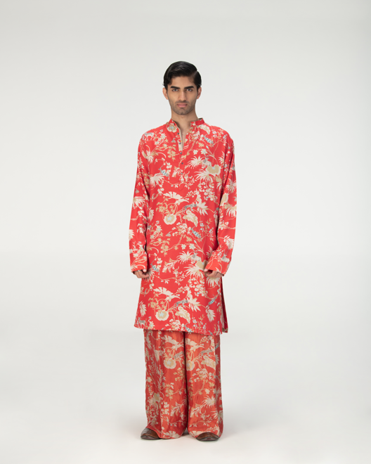 Bade Miyan Kurta Muga Satin Silk Red - Traditional Indian Men's Kurta for Festivals & Weddings