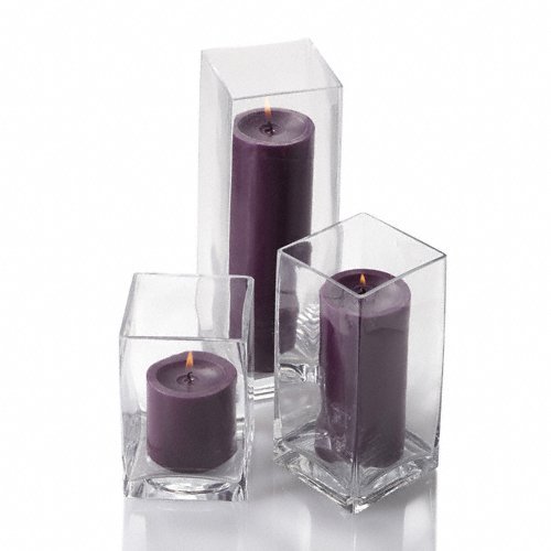 Richland Set of 18 Glass Eastland Square Vases & 18 Purple Pillar Candles - Elegant Home Decor for Weddings, Centerpieces, and Romantic Dinner Settings
