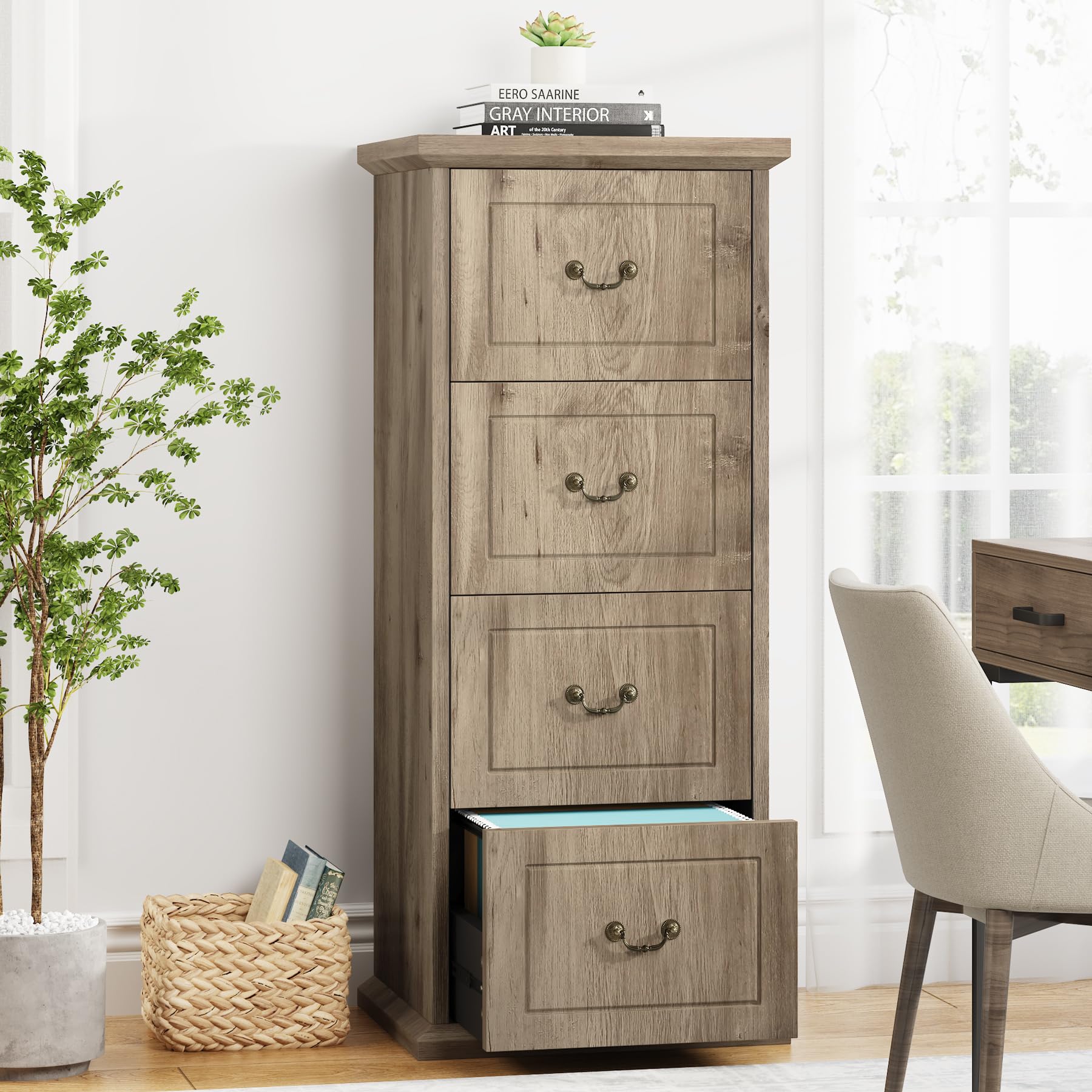 Tribesigns 4-Drawer Vertical File Cabinet - Wooden Narrow Tall Filing Cabinet for A4/Letter Size Documents with Adjustable Hanging Rod - Dark Oak Finish for Home Office Organization & Storage