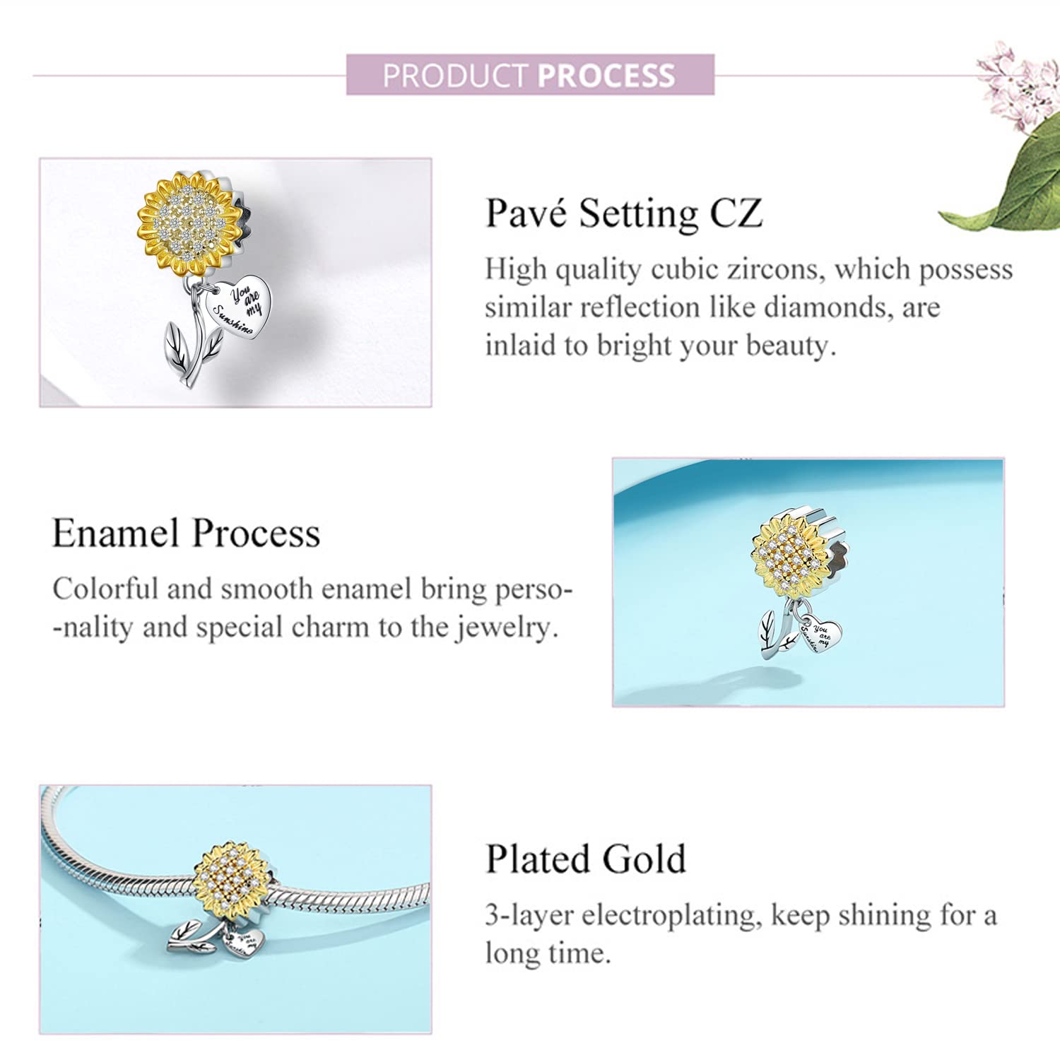 Sunflower Charm for Pandora Bracelets - 14K Gold Plated Zirconia Paved Jewelry - Birthday Gift for Women, Girls, Wife - Perfect for Everyday Wear & Special Occasions