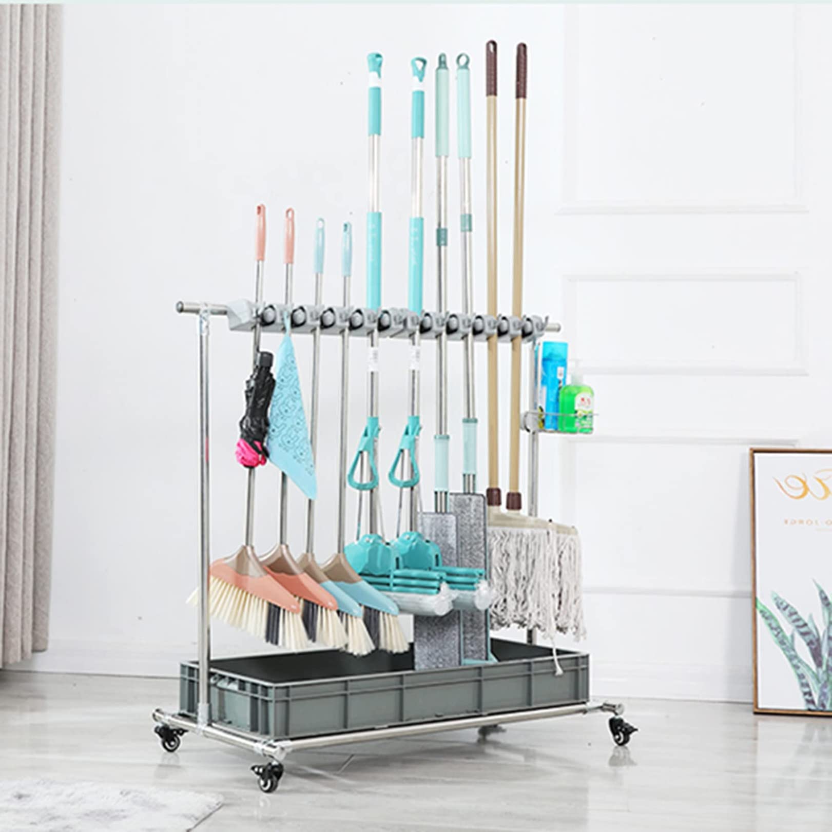 Adjustable Floor Standing Mop and Broom Holder with Wheels - 10-Slot Cleaning Tool Organizer Cart for Wet Mop Drainage & Garden Tool Storage - Perfect for Home, Garage, and Utility Room Organization