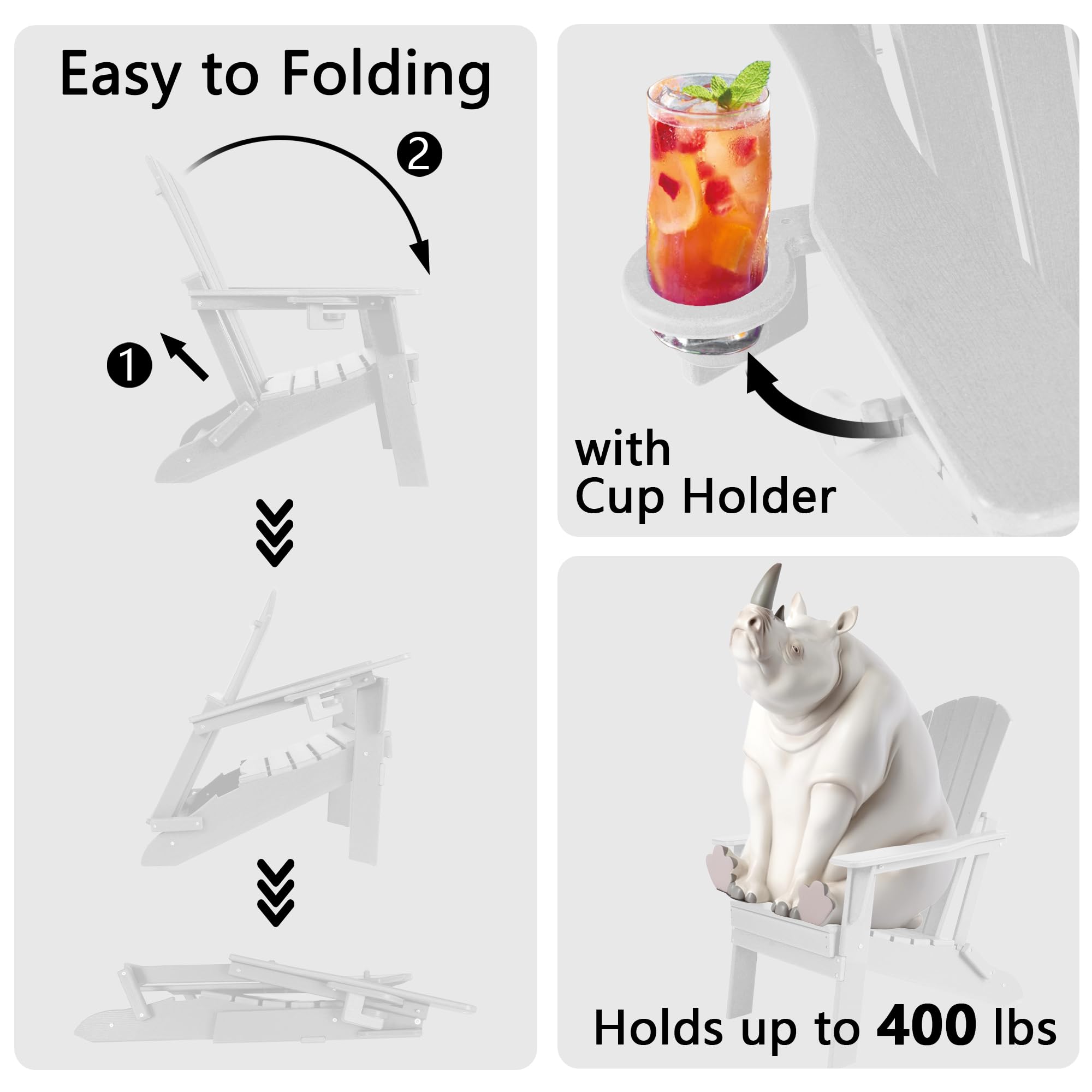 Premium Folding Adirondack Chair with Ergonomic Backrest - Heavy Duty 400lbs Capacity All-Weather HDPE Material - Zero Maintenance Outdoor Patio Furniture with Cup Holder (White) - Perfect for Backyard, Poolside, Camping & Firepit Relaxation