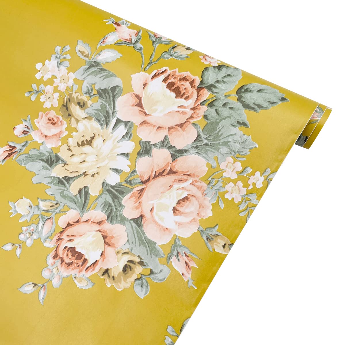 Vintage Peony Floral Self-Adhesive Shelf Liner - Dark Yellow Peel & Stick Drawer Liner - 17.7