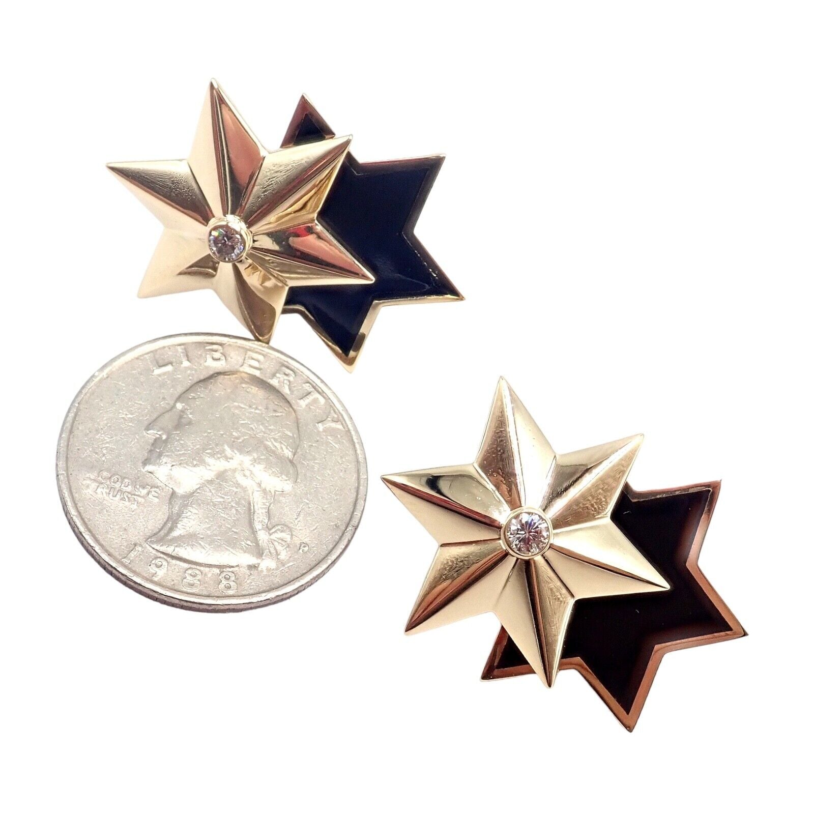Authentic Verdura 18k Yellow Gold Diamond Black Enamel Double Star Earrings - Luxury Jewelry for Evening Gala & Special Occasions