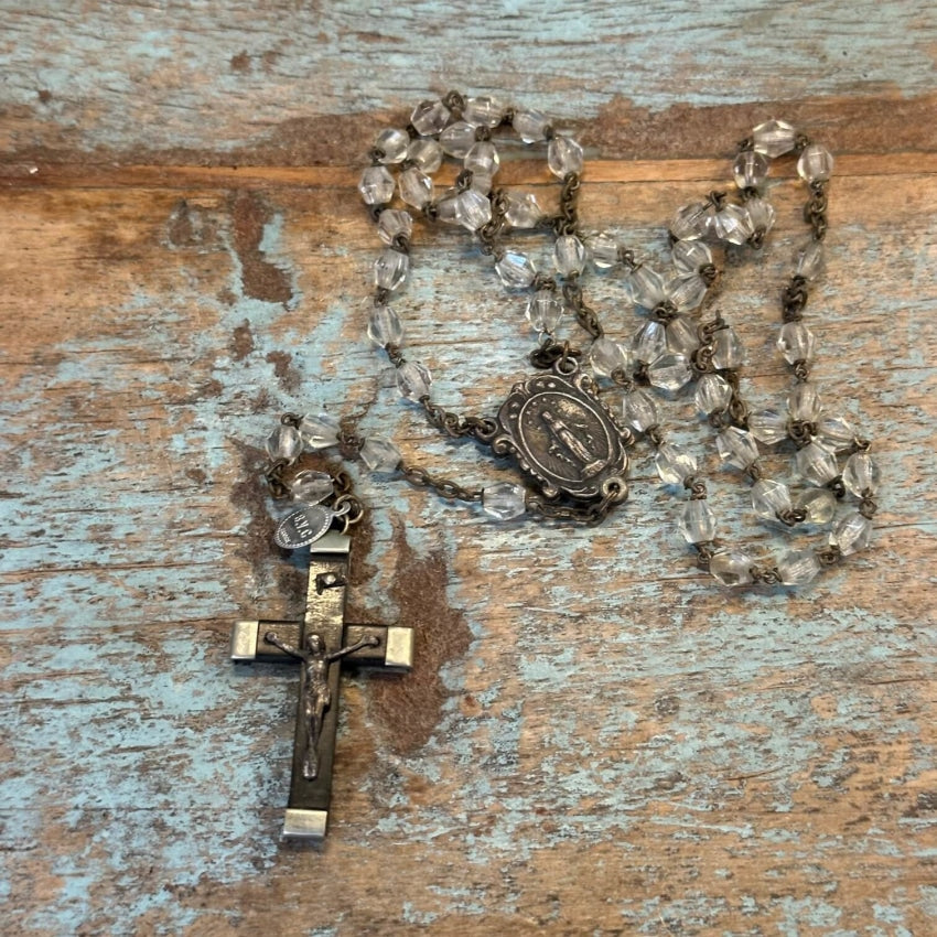 Vintage French Unbreakable Rosary with B.V.C. Glass Beads and Ebony Wood - Perfect for Prayer, Meditation, and Catholic Devotional Use