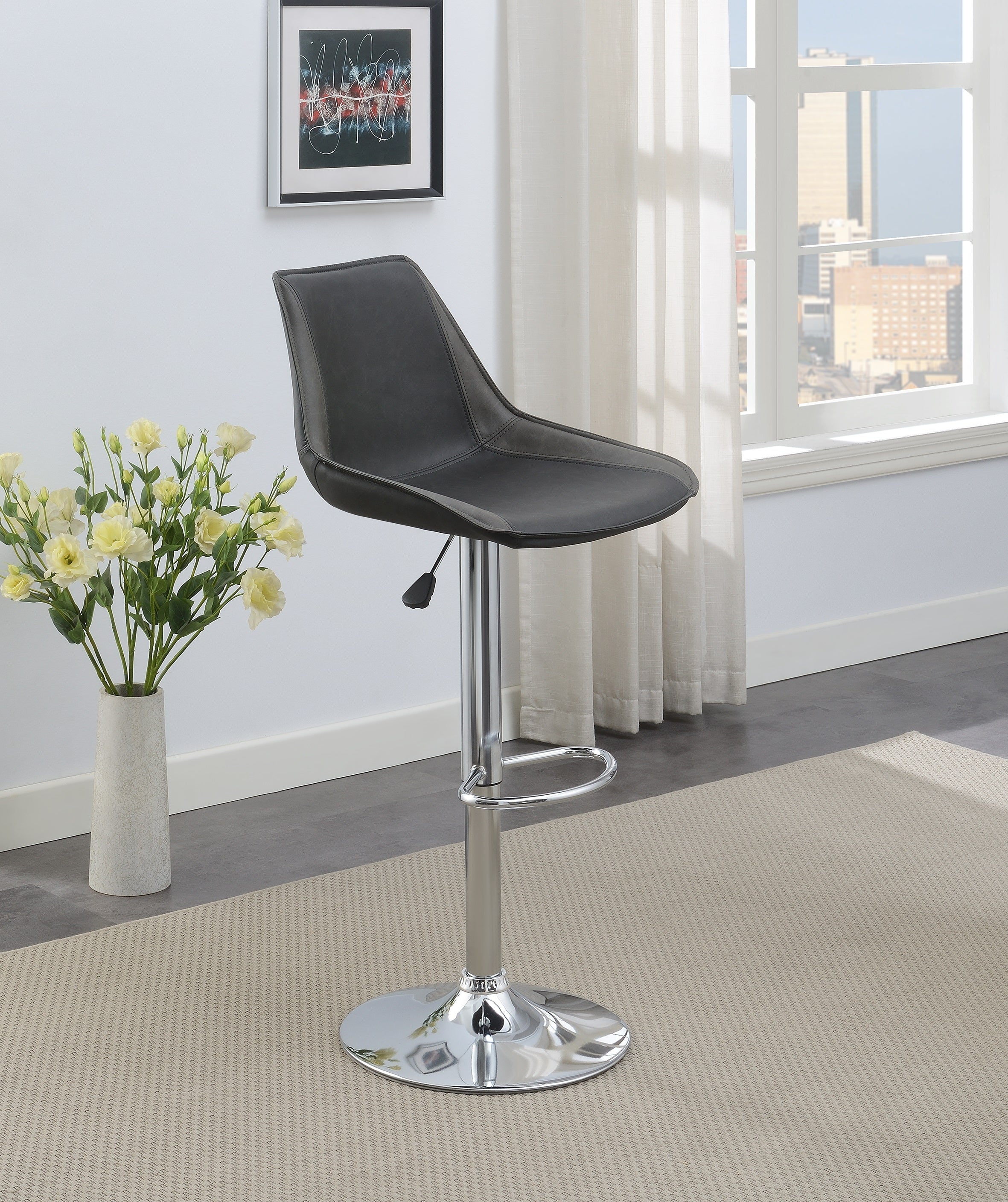 Modern Adjustable Bar Stool Set of 2 - Ebony PU Leather Seat with Chrome Base, Counter Height Kitchen & Dining Stools for Home Bar, Breakfast Nook, and Restaurant Use