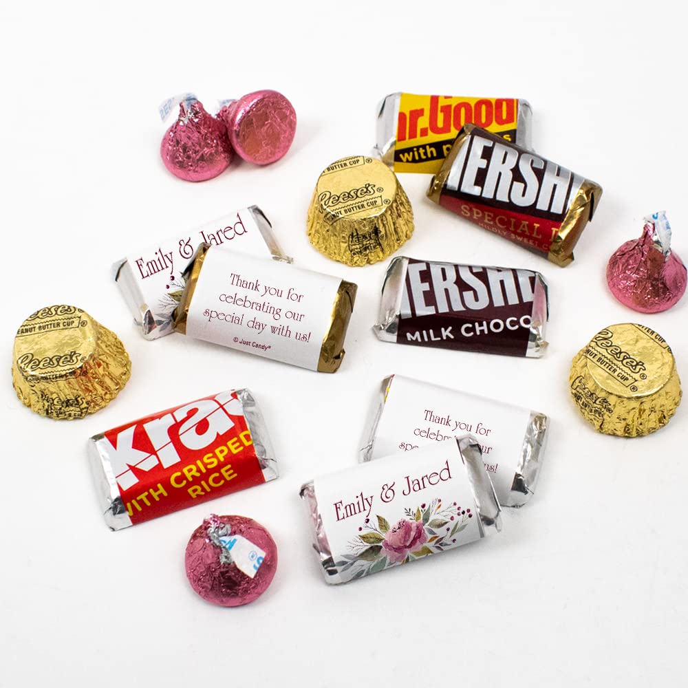 200pcs Personalized Wedding Candy Favors Kit - Custom Wrapped Chocolates (Miniatures, Kisses, Peanut Butter Cups) - Pink Floral Design for Bridal Shower, Baby Shower & Wedding Reception Candy Table Decorations
